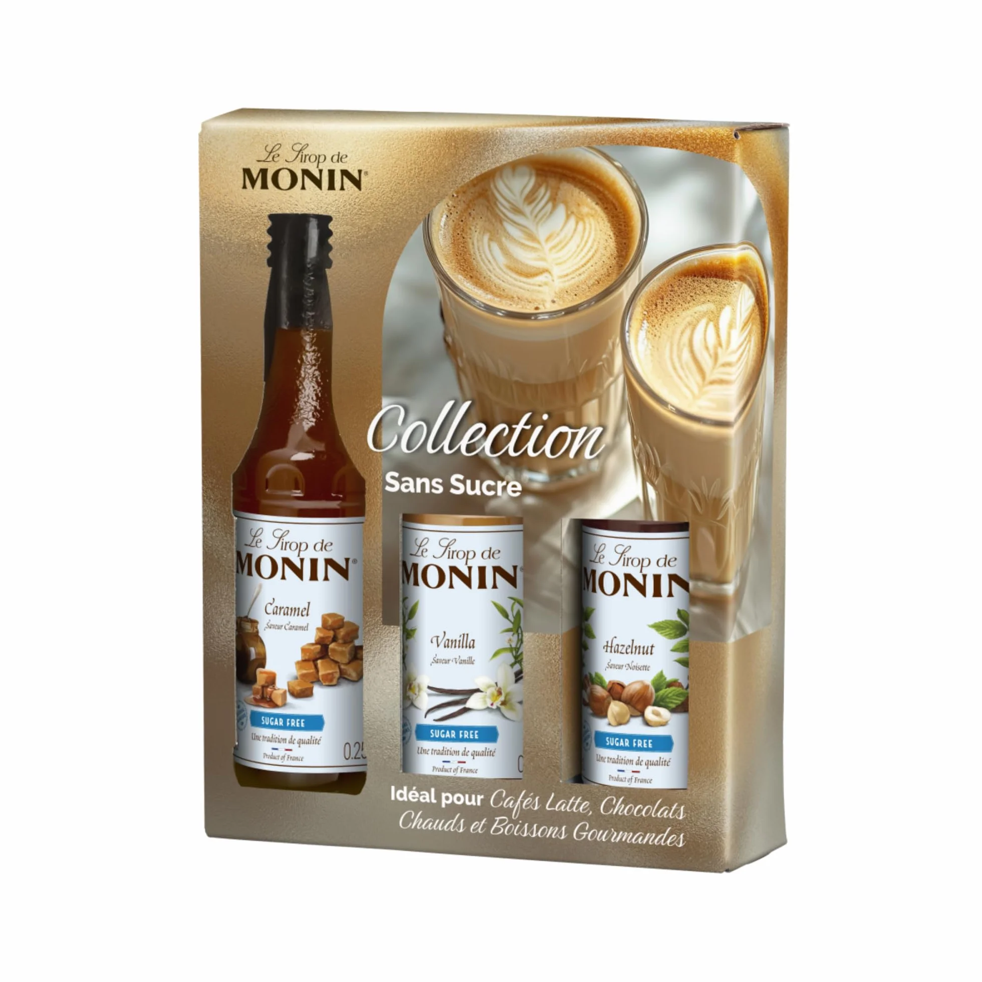 MONIN - Coffret collection sans sucre pour Boissons Chaudes - Caramel, Noisette et Vanille - 3x25cl