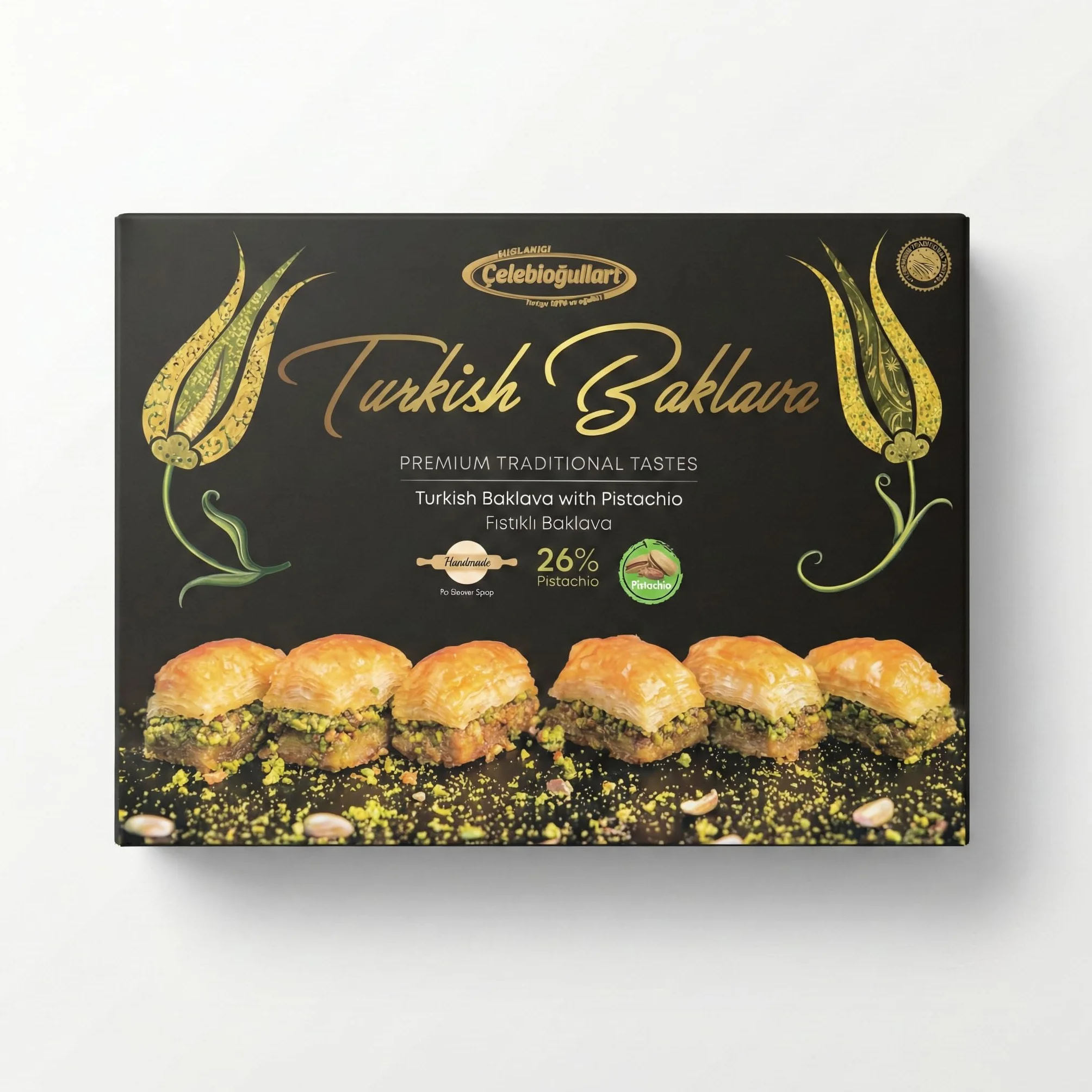 Baklavacı Çelebioğulları Baklava Turc à la Pistache – 500 g (1,1 lb) Pâtisserie Traditionnelle Faite Main – 26% Pistache – Sans Sirop de Glucose – Halal – Coffret Dessert Méditerranéen Cadeau