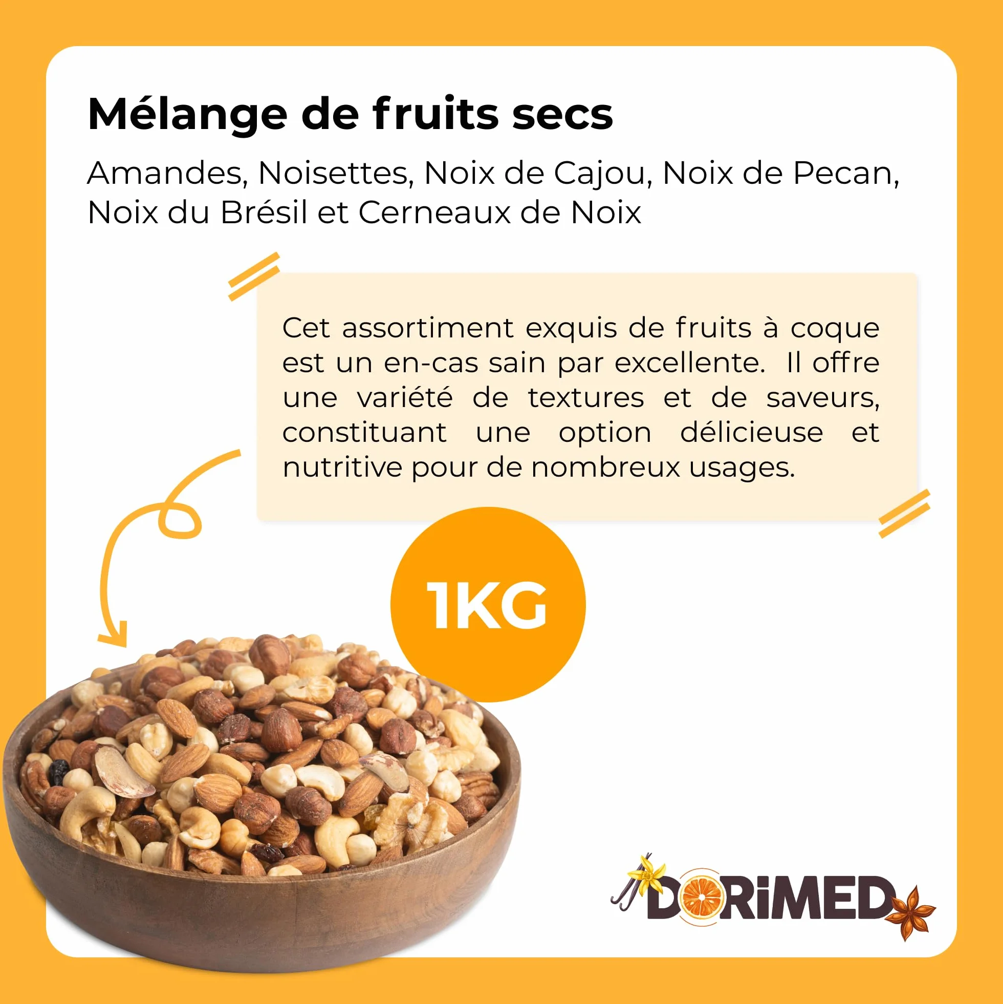 Mélange de Fruits secs 1 Kg (Amandes,Noisettes,Noix de Cajou,Noix de Pecan,Noix du Brésil et Cerneaux de Noix ) , sac refermabe