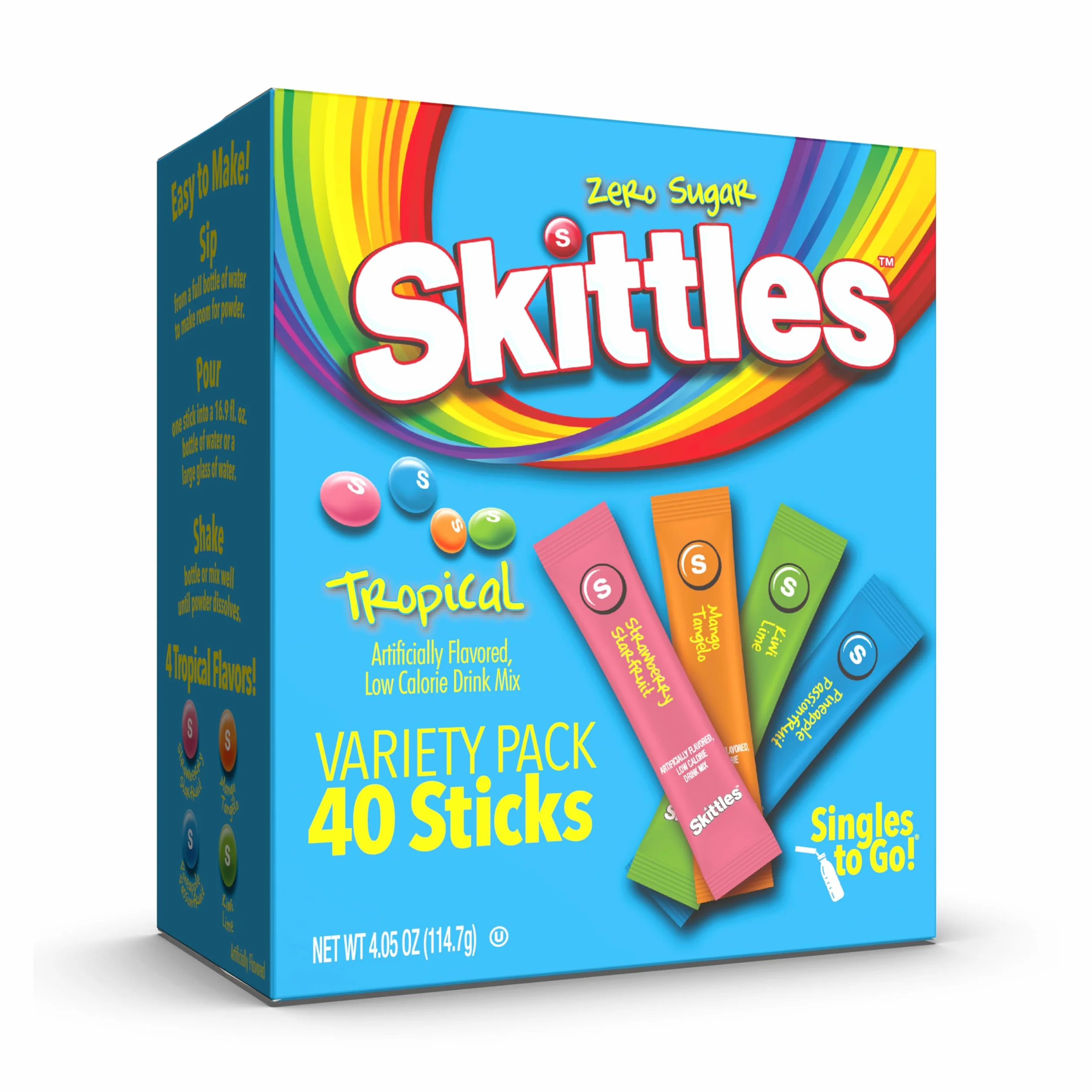 Skittles Singles To Go Tropical Flavors Lot de 40 mélanges à boissons en poudre, zéro sucre, faible calorie, comprend 4 saveurs :