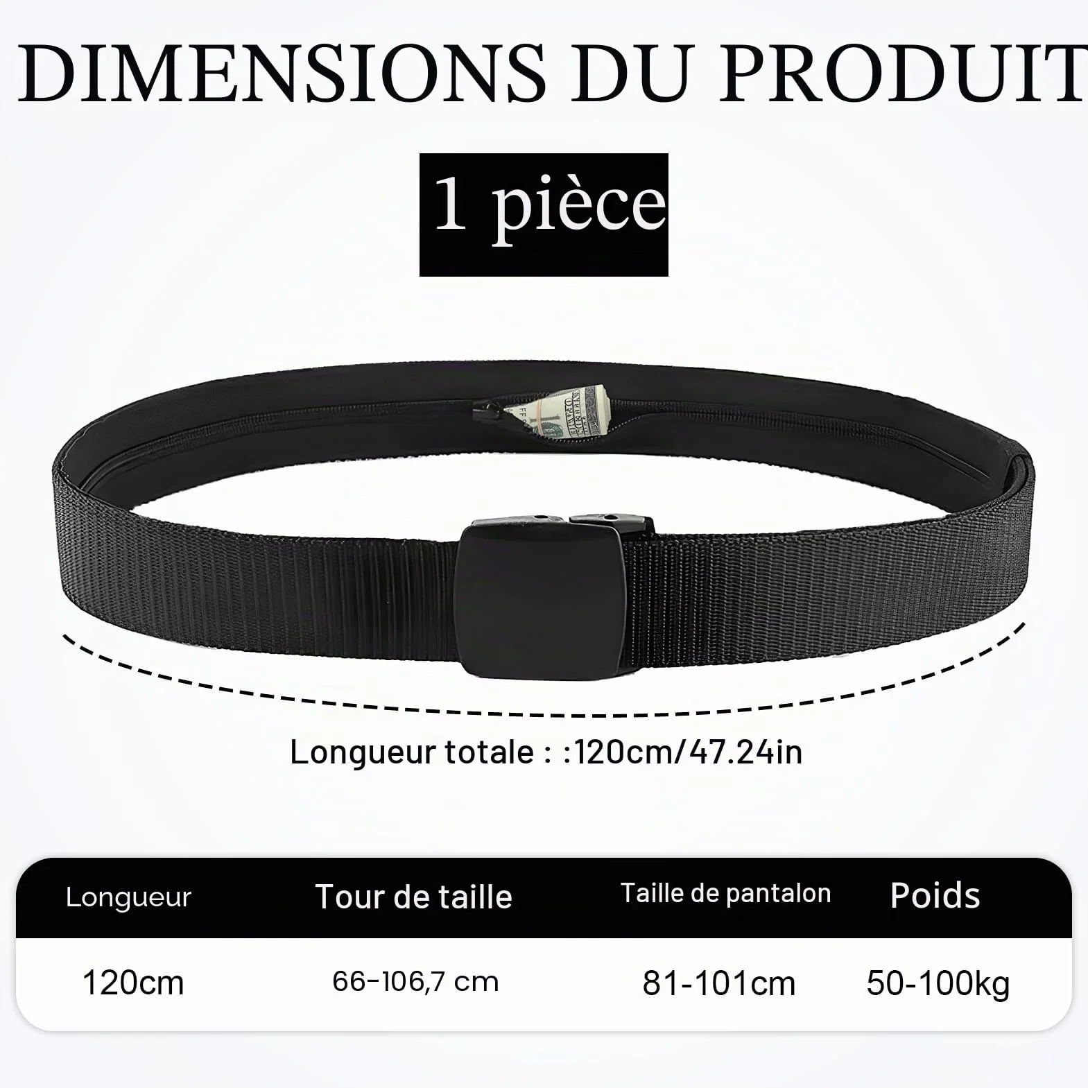 Ceinture de Voyage Porte-Monnaie 120cm Réglable avec Compartiment Secret pour Homme et Femme