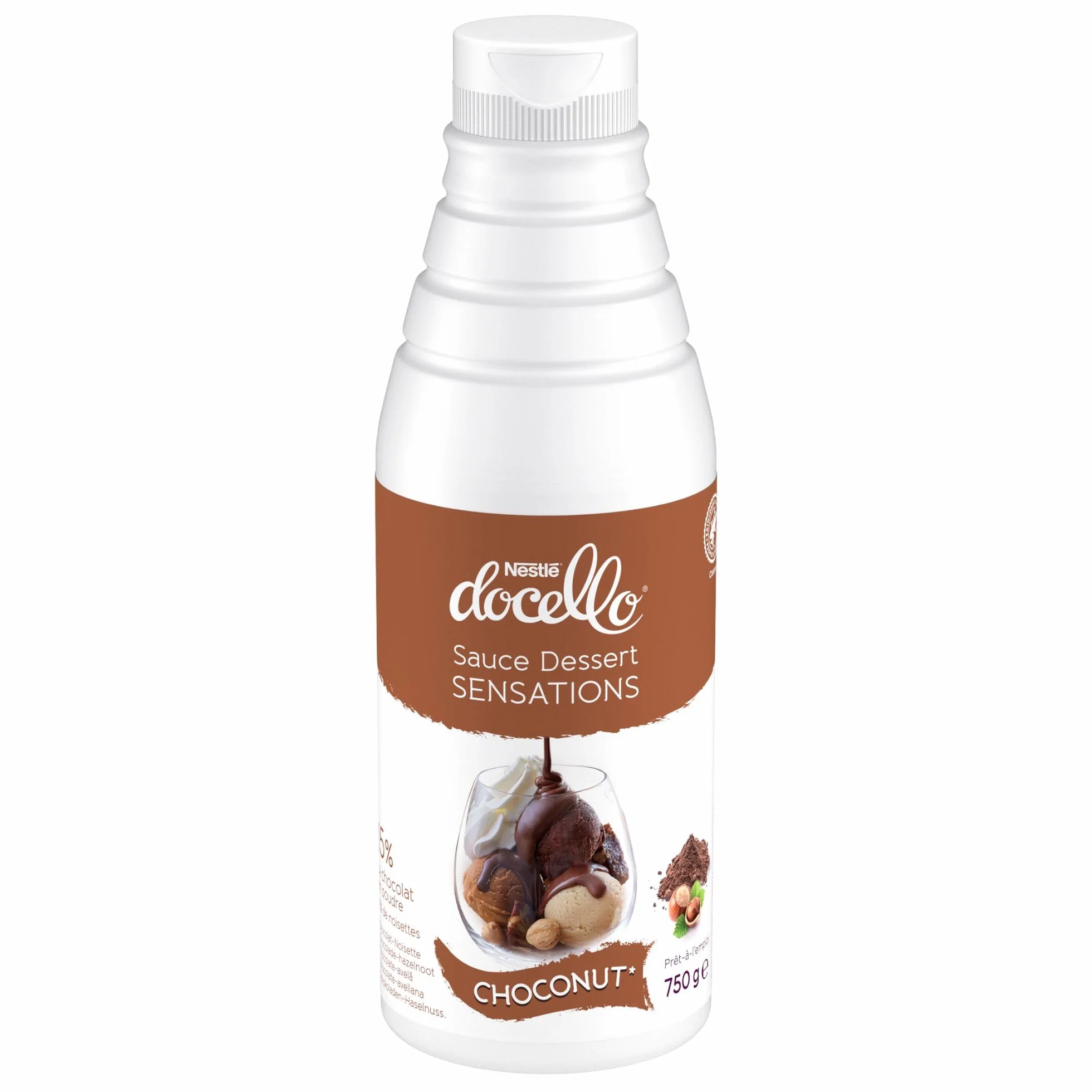 NESTLÉ DOCELLO Sauce Sensation Choconut - Sauce Dessert Chocolat-Noisette - Cacao Certifié Rainforest Alliance - Aide à la Pâtisserie, Topping, Nappage Gâteau, Coulis - Bouteille Squeeze - 750g