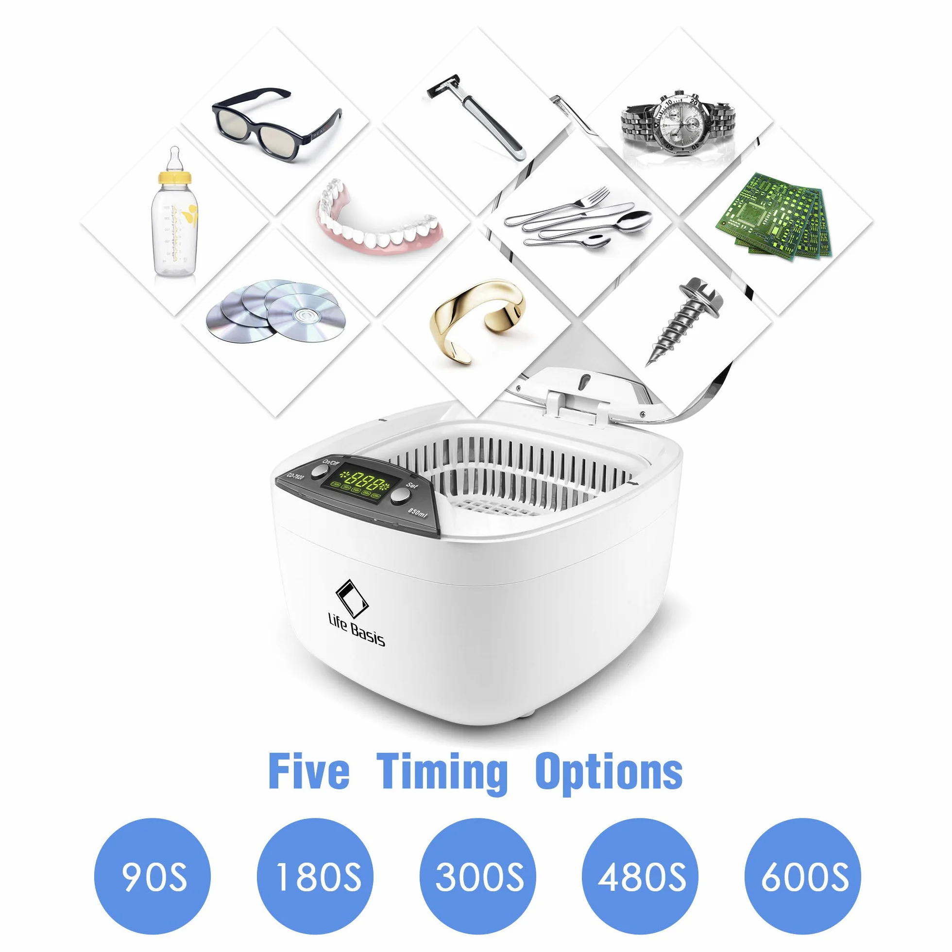 LifeBasis Nettoyeur Ultrasons 850ML 42kHz Professionnel, Bac Acier Inox, Écran LED, 5 Modes
