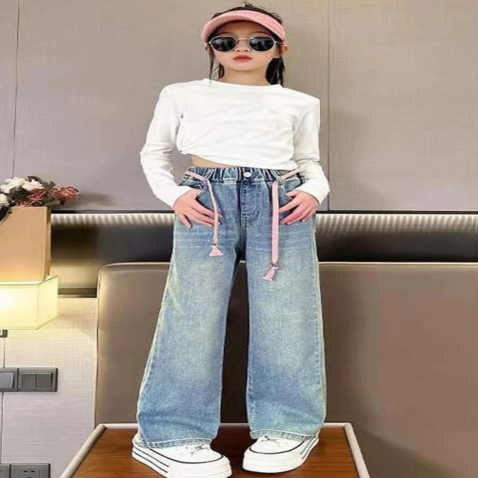 Jean pour fille Coupe droite Taille élastique Confortable Printemps été