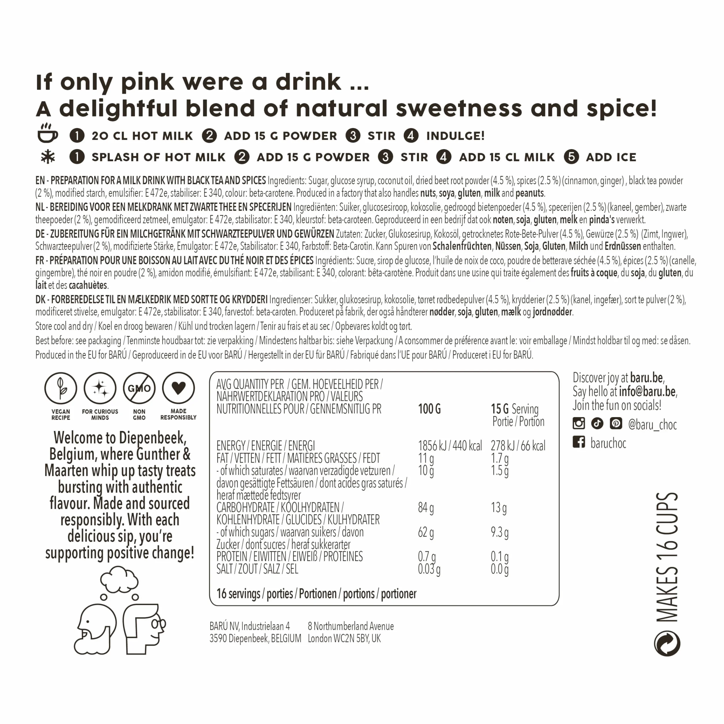 Barú Pink Chai Latte – Pack de 4 x 250 g – Préparation instantanée au thé noir, épices & betterave – Vegan, naturel, sans arômes artificiels – 48 tasses – Fait main en Belgique