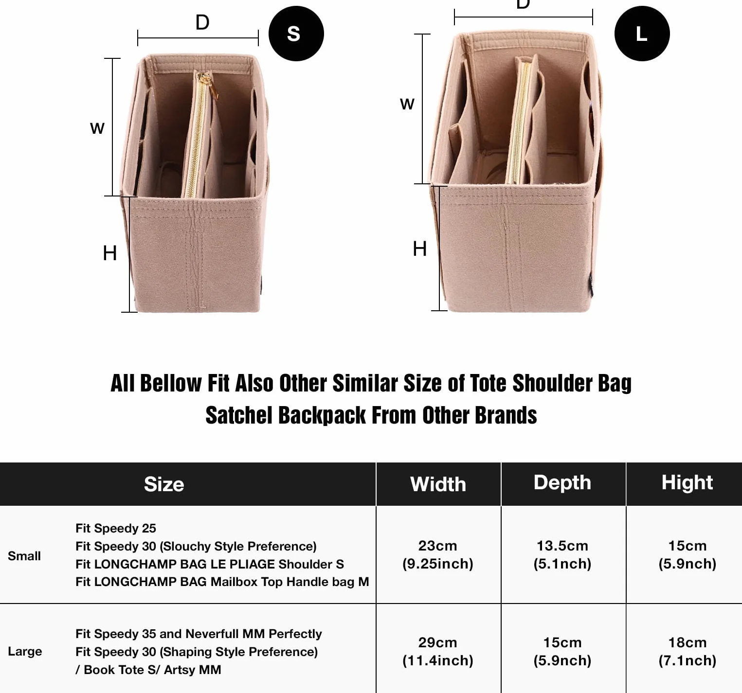 NEPAK Organisateur de Sac à Main en Feutre, Sac de Rangement Intérieur Bag in Bag pour Femmes avec Fermeture éclair (Beige, S)