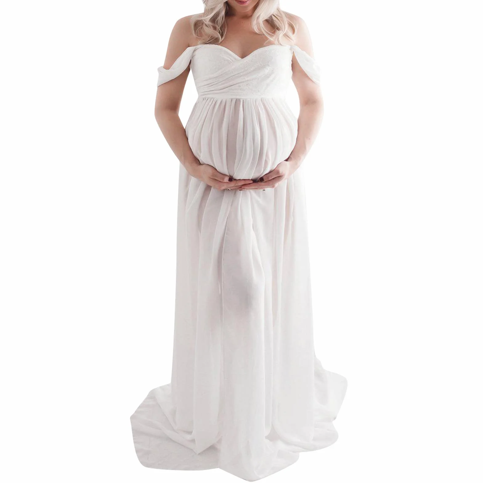 Robe de Grossesse Mousseline de Soie Léger Maxi-Longue Epaule Dénudée Photographie