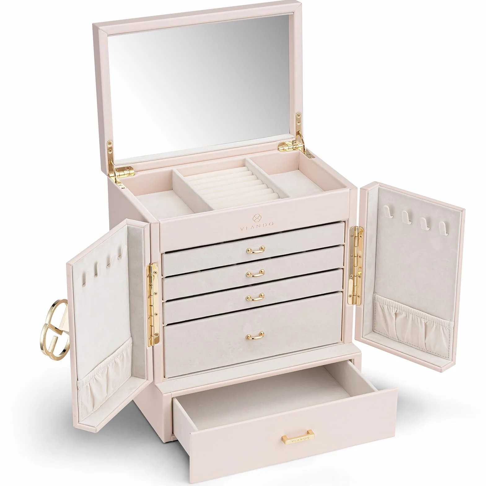 VLANDO Grande boîte à bijoux française 6 niveaux XXL miroir tiroirs rangement pour boucles d'oreilles colliers Rose