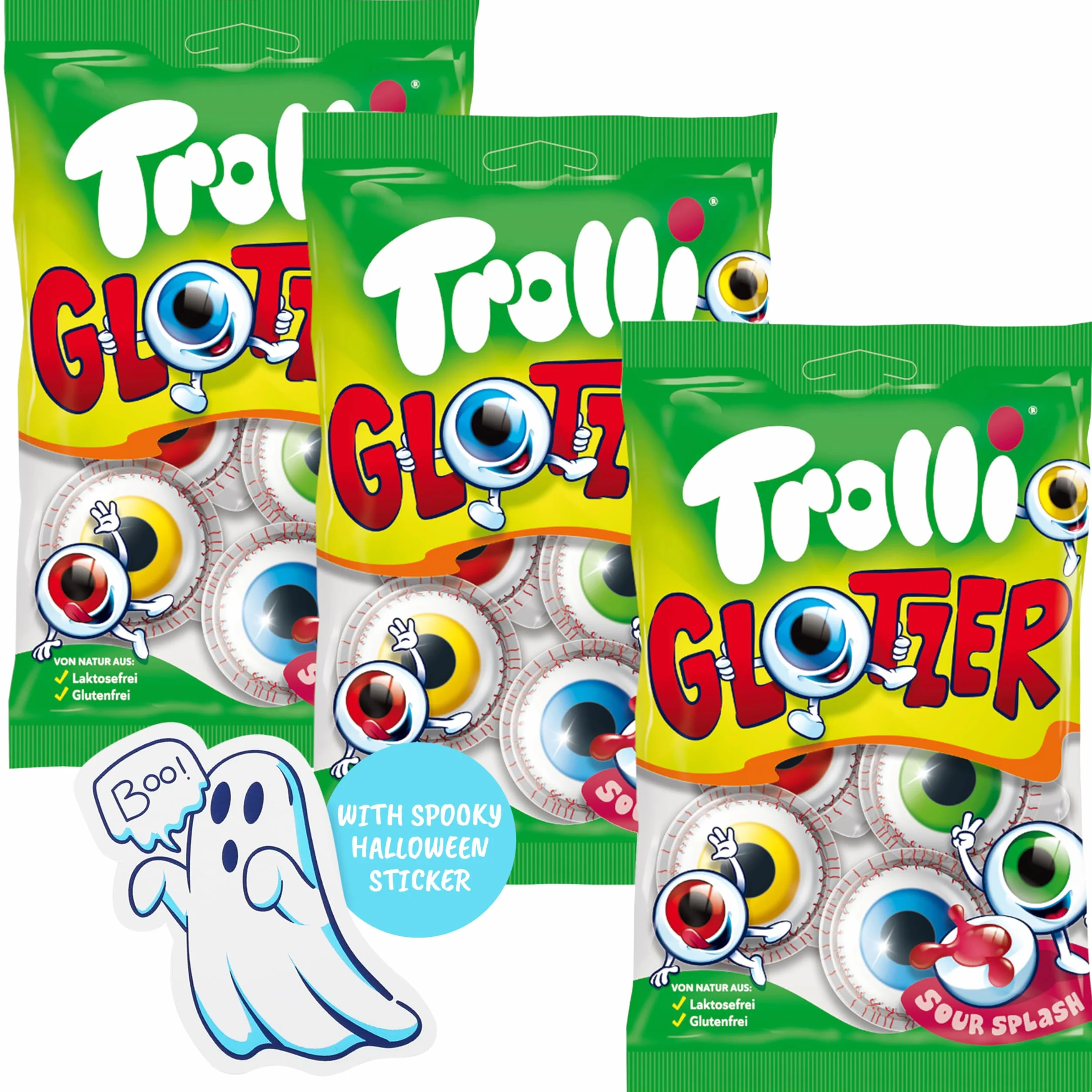 Trolli Glotzer Bonbons d'Halloween – 3 sachets de 75g avec 4 yeux chacun (12 Glotzer au total) – Sans lactose et sans gluten, avec autocollants fantômes – Parfait pour les sacs d'école, les pinatas et