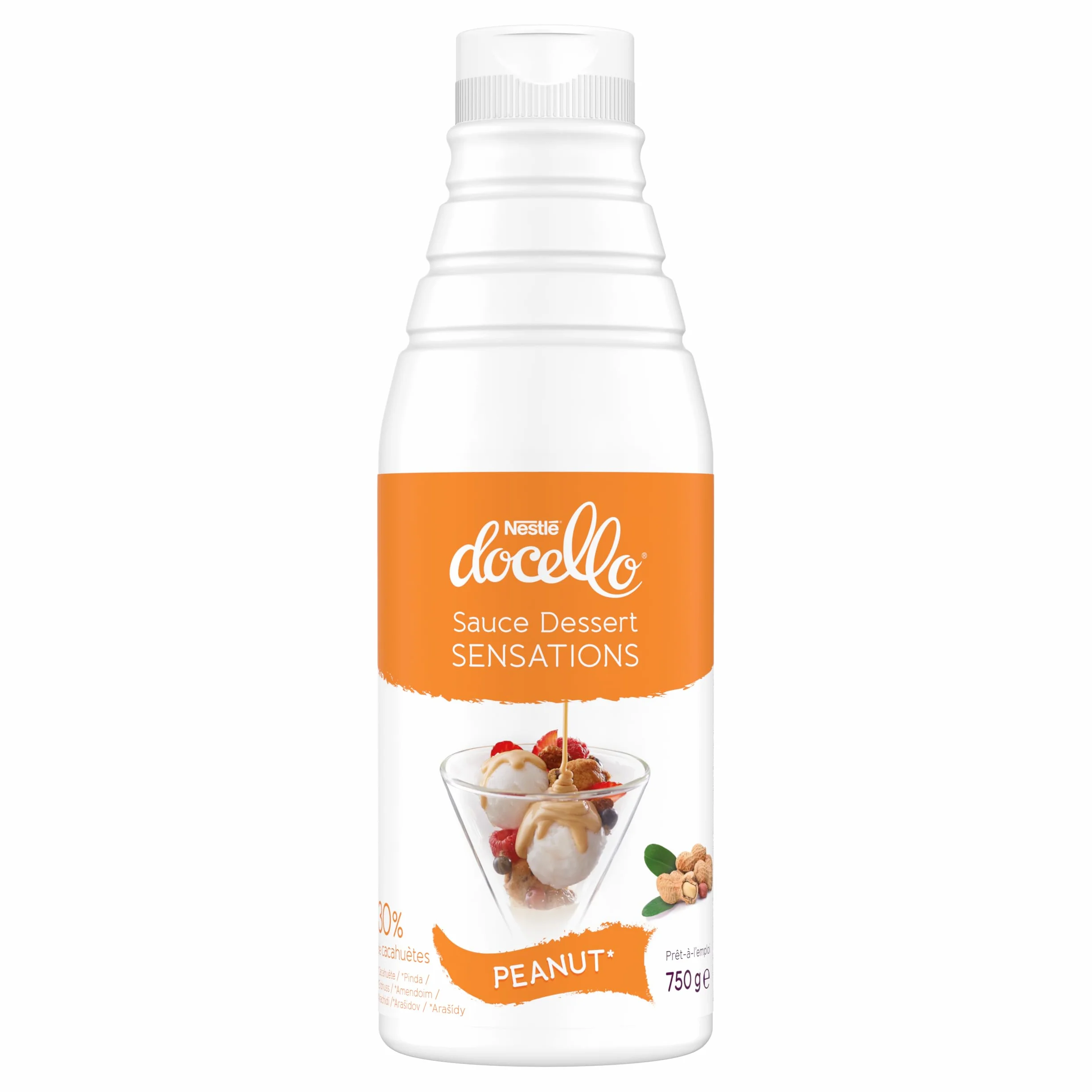 NESTLÉ DOCELLO Sauce Sensation Peanut - Sauce Dessert Cacahuète - Forte Teneur en Cacahuète (30%) - Aide à la Pâtisserie, Topping, Nappage Gâteau, Coulis - Bouteille Squeeze - 750g