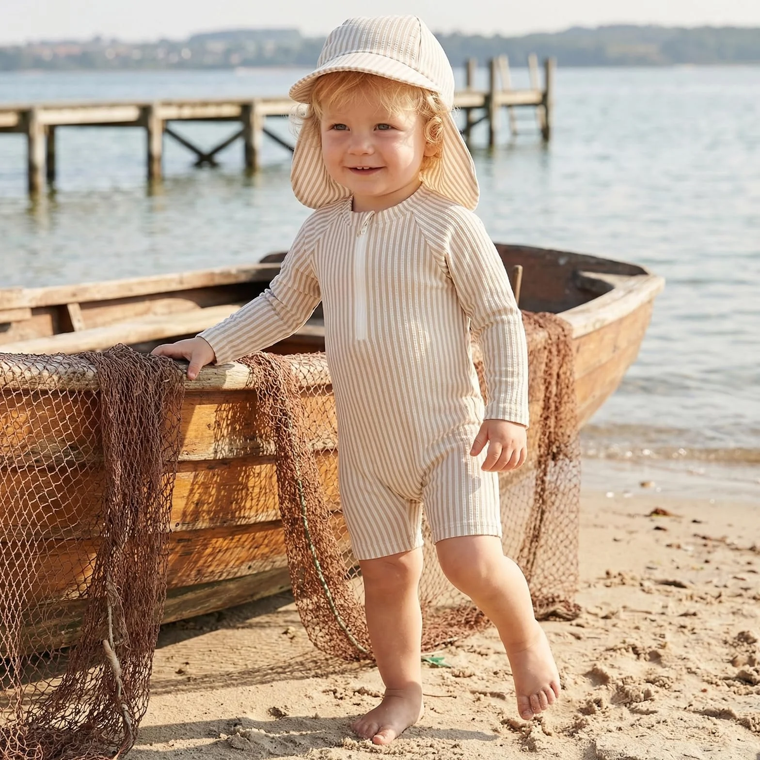 Caziffer Maillot de Bain Une Pièce avec Zip pour Bébé Garçon Manches Longues Protection Solaire avec Chapeau