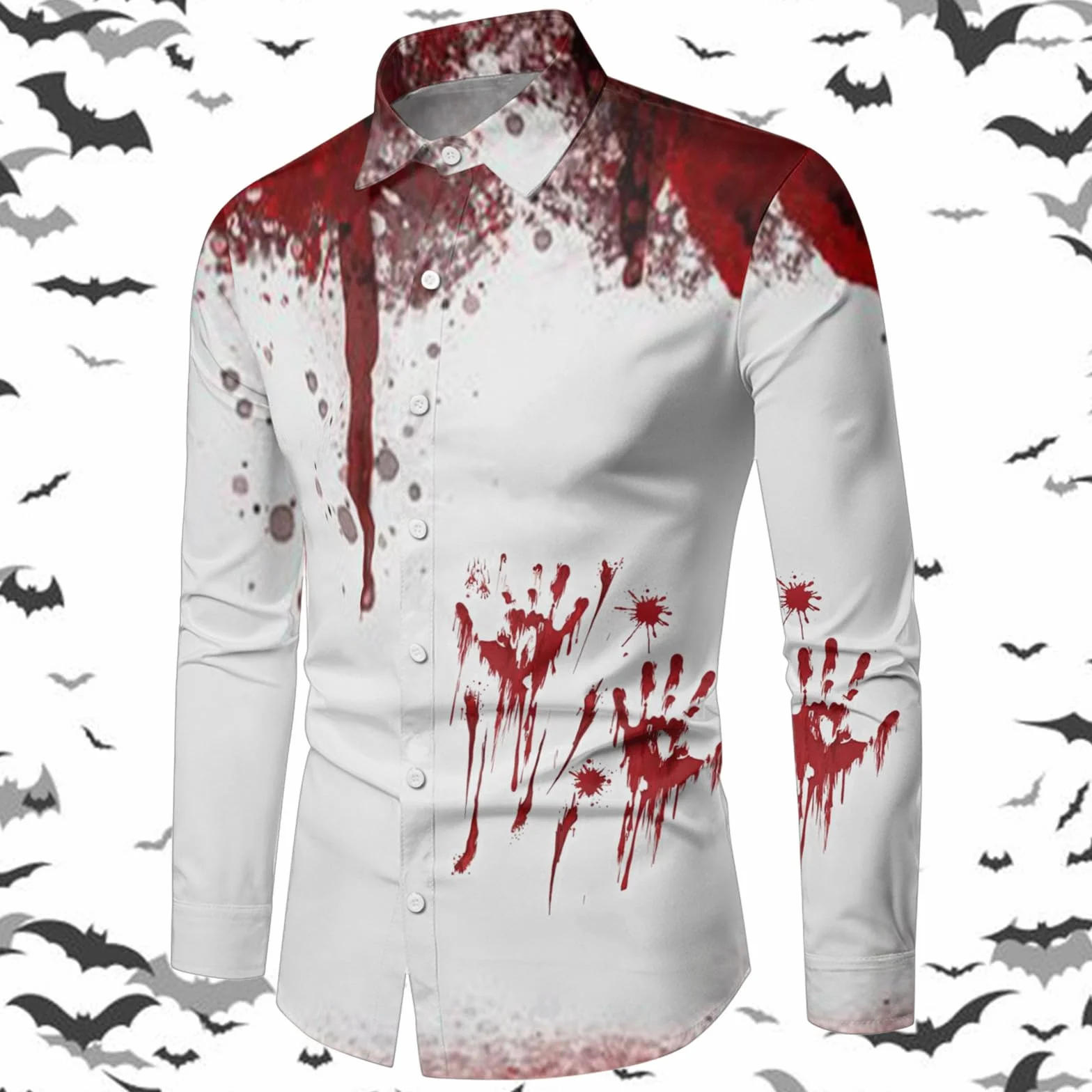 Chemise d'Halloween pour homme avec empreinte de main de sang personnalisable à manches longues boutonnée