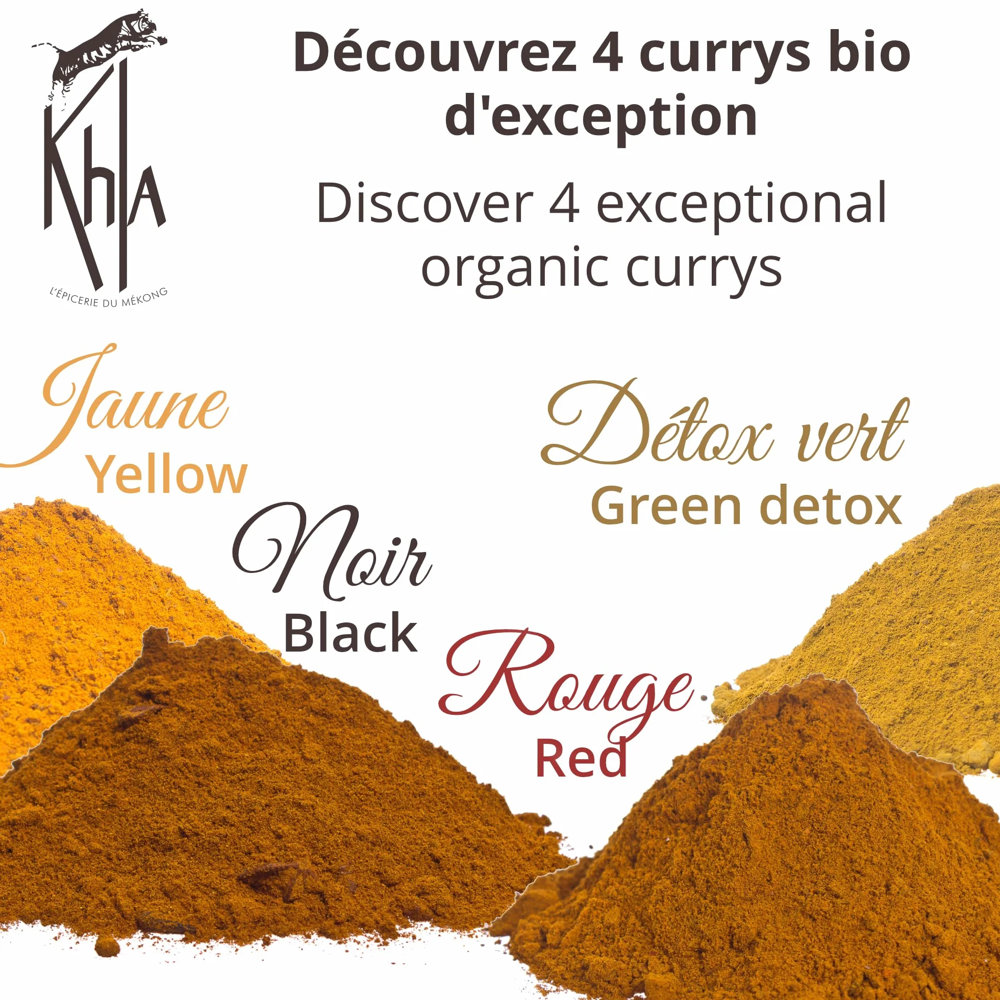 Khla - Coffret 4 Currys Bio - Curry Jaune, Curry Noir, Curry Rouge & Curry Vert Détox - Tubes Poudre 4x 100 g - Coffret Idée Cadeau - Mélanges Exclusifs Cuisine - Épice d’Asie - Origine Cambodge
