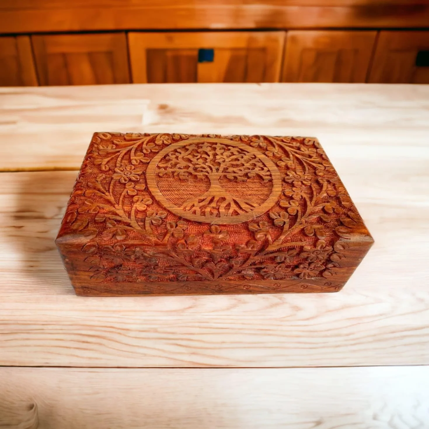 Boîte à Bijoux en Bois Fait Main Arbre de Vie, Coffret Sculpté, Rangement Décoratif 20 x 13 cm