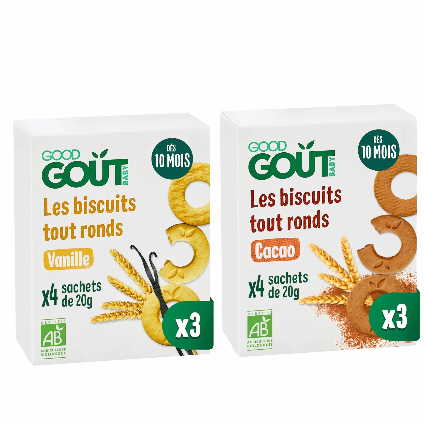 Good Goût - Biscuits Tout Ronds - Vanille Et Cacao - Biscuits Bébé - Dès 10 Mois - Bio - sans Huile De Palme - 4 sachets - Lot de 6