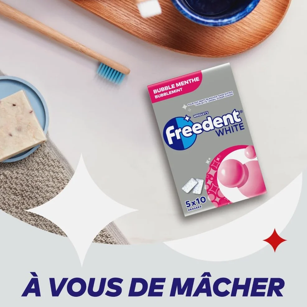 FREEDENT WHITE Guma do Żucia Bez Cukru Bubble Mentha 70g 5 x 10 Sztuk