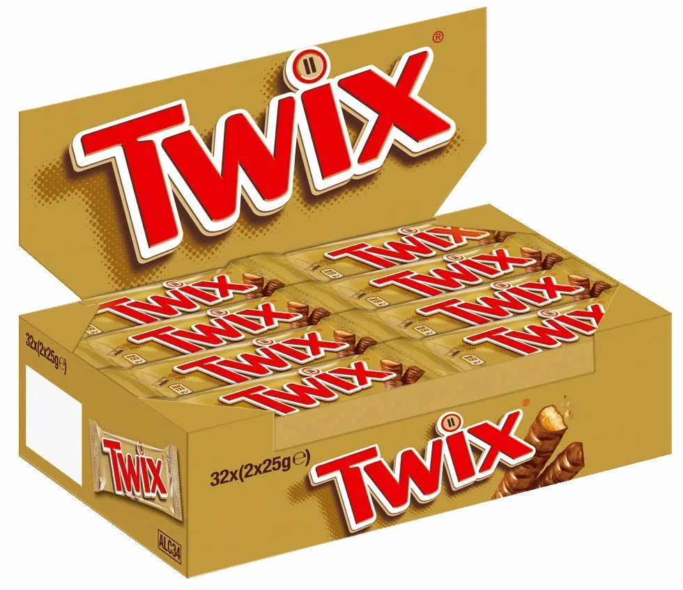 TWIX, Barres chocolat au lait avec biscuit nappage caramel - 1 Boite de 32 barres individuelles de 50g (L'emballage peut varier)