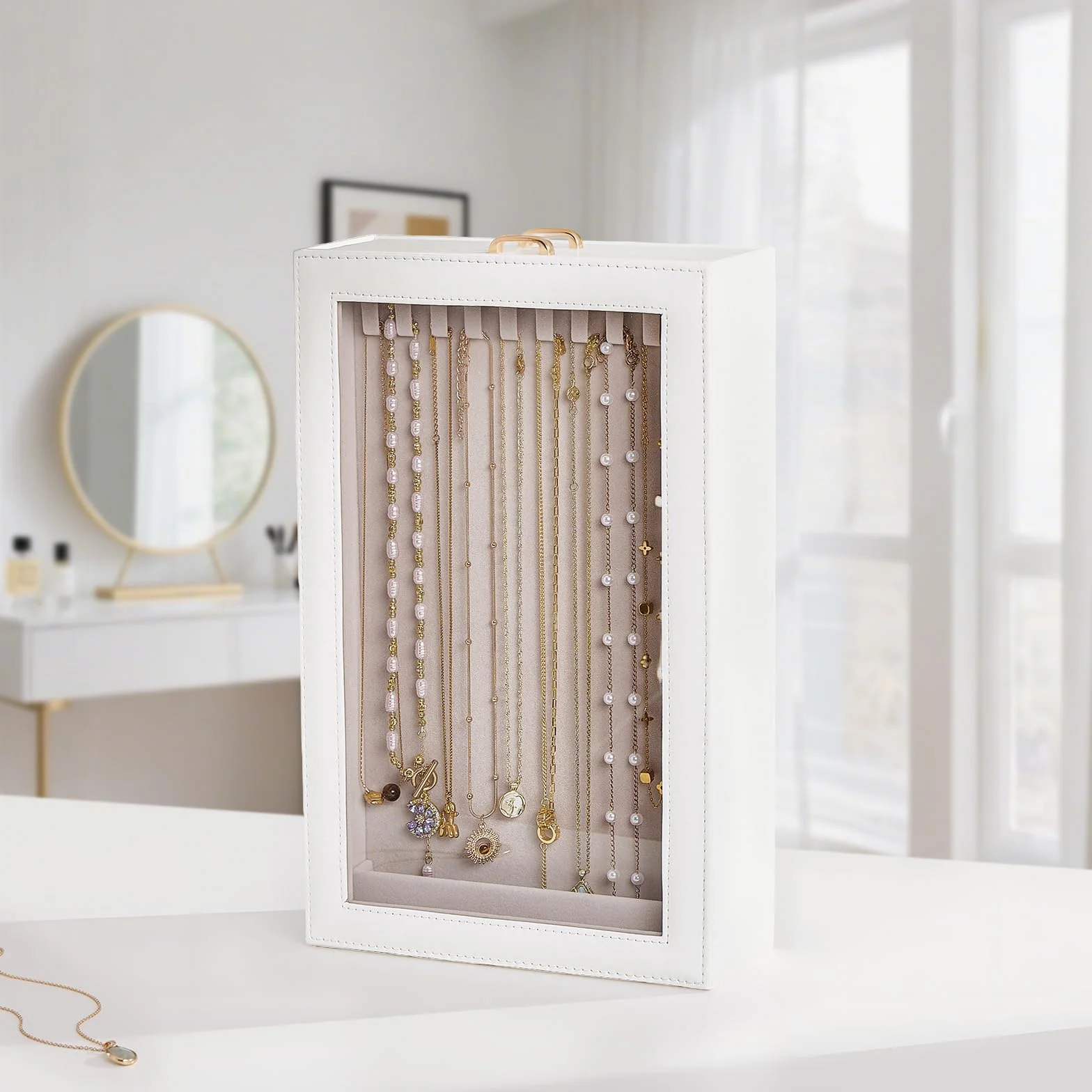 Lolalet Boîte à Colliers à 2 Niveaux, Rangement Collier, Présentoir Bijoux avec Couvercle Transparent, Intérieur en Velours Blanc