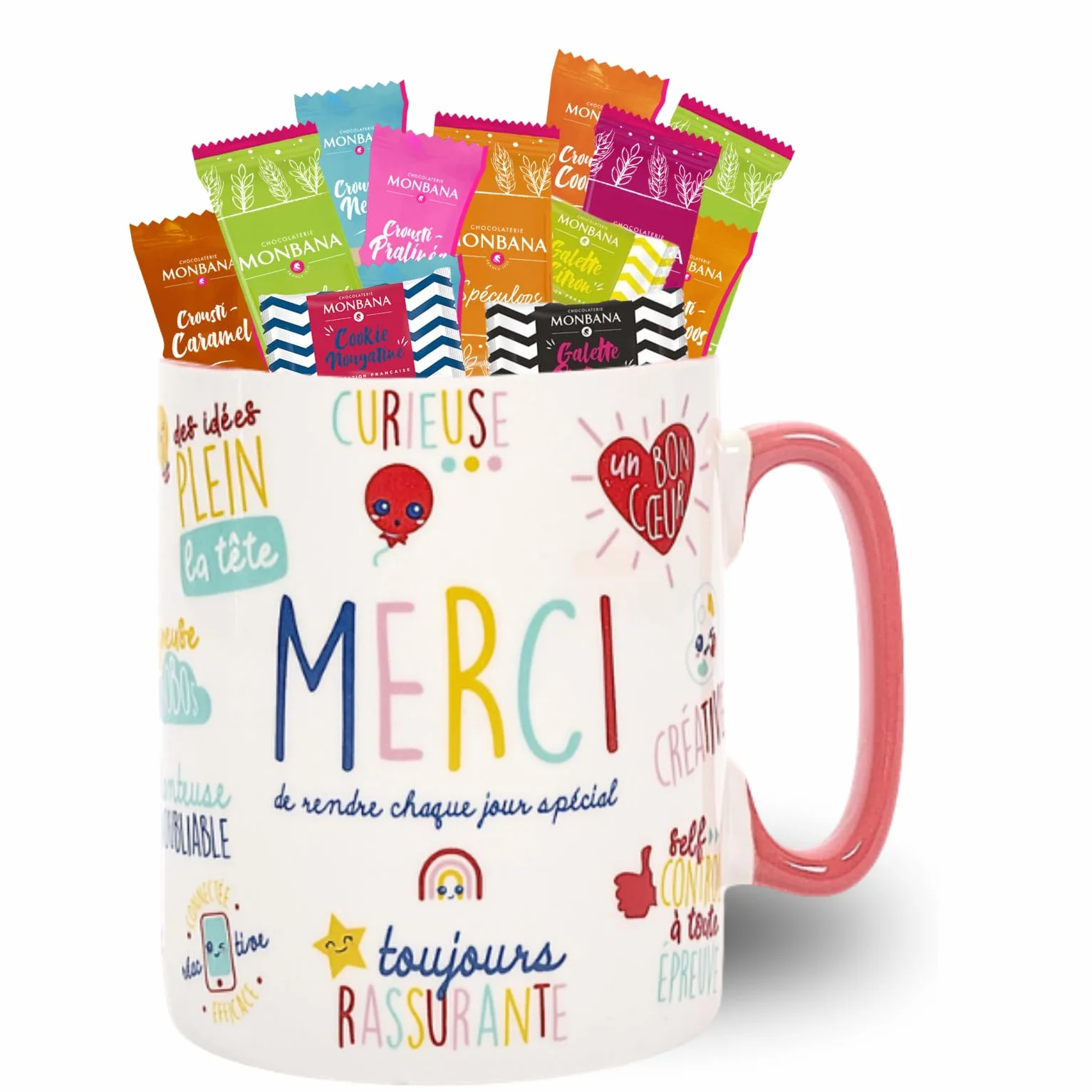 Coffret Cadeau Gourmand | Mug XXL garni de 60 Croustilles & Biscuits MONBANA | Tasse Prête à Offrir pour remercier Maîtresse, Maman, Nounou, Soignant