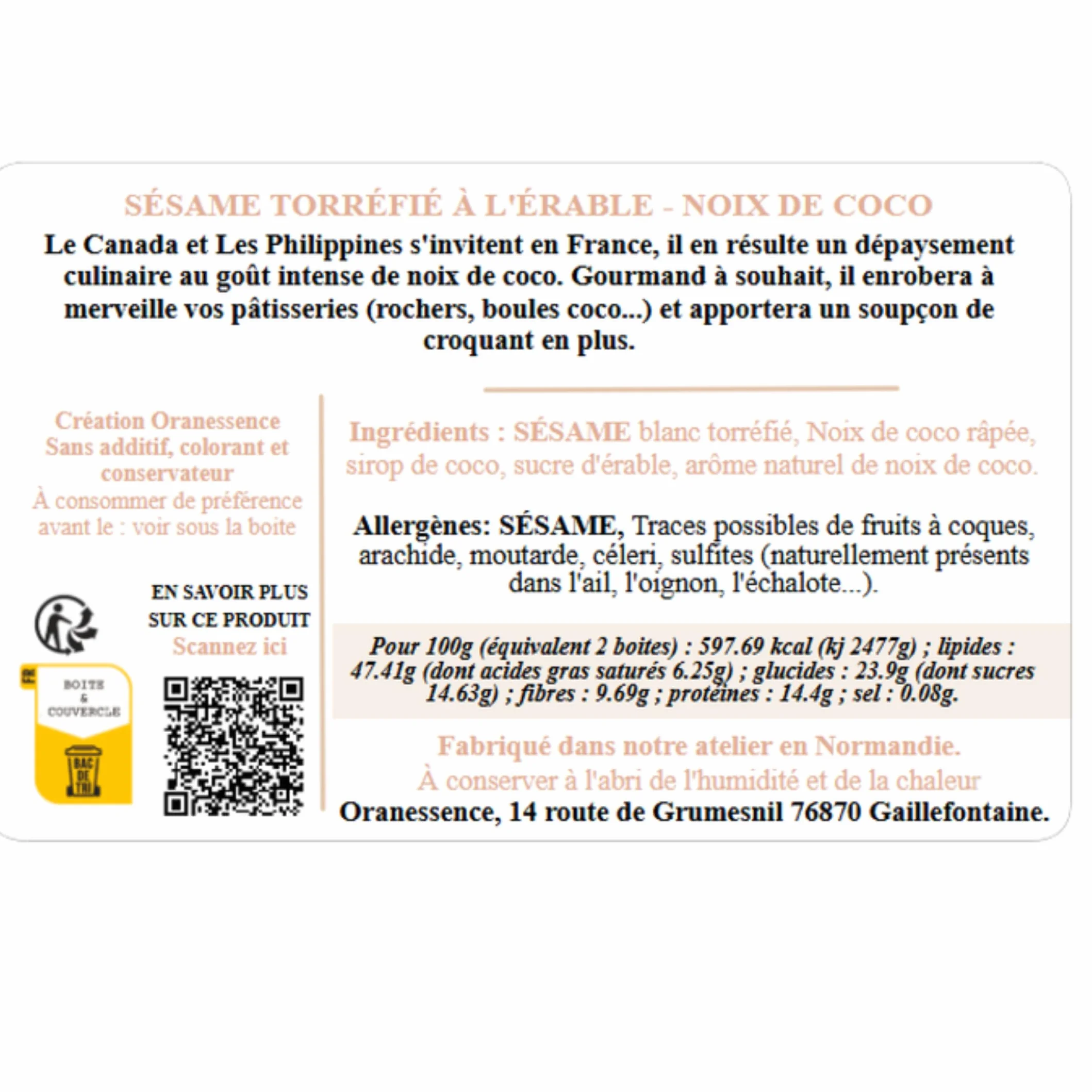 Sésame à l'érable (200g) - Noix De Coco - Topping Dessert - UNIQUE - Fabriqué à la main en Normandie - Assemblage d'Exception - Sans additif, Sans Colorant, Sans Conservateur, non irradié