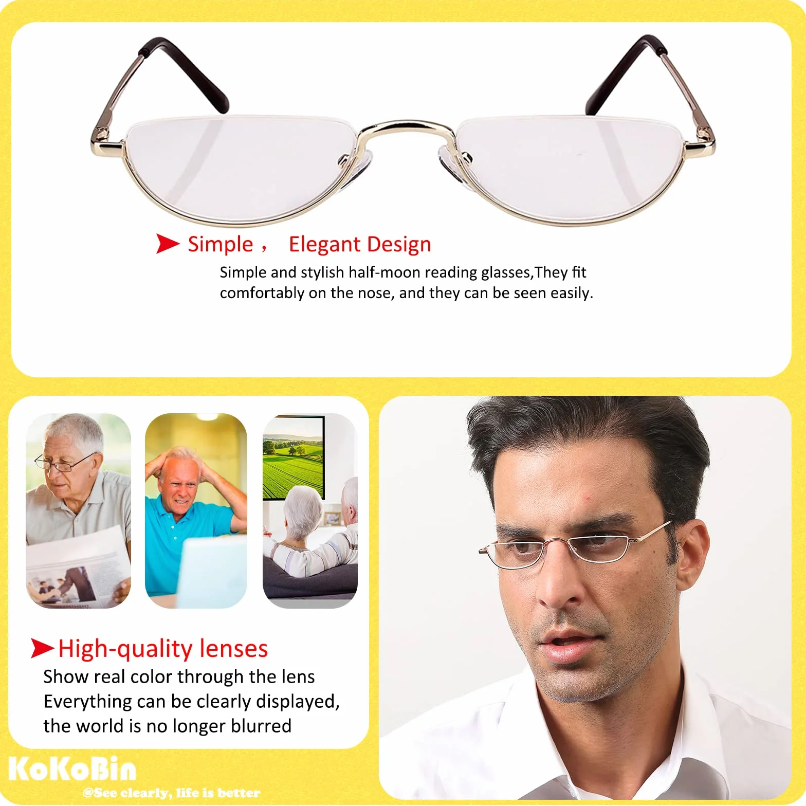 Lunettes de Vue Lecture Demi Lune KoKoBin 2 Paires Métal Charnières Ressort Femme Homme Noir Or Dioptres 2.5