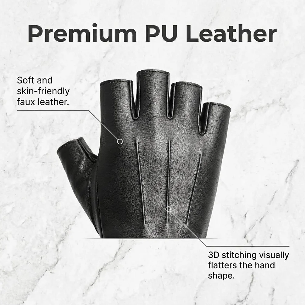 Gants Demi-Doigts en Cuir PU Noir Homme Femme Mitaines Sport Respirantes Conduite Cyclisme Entrainement Paume Antiderapante Taille M