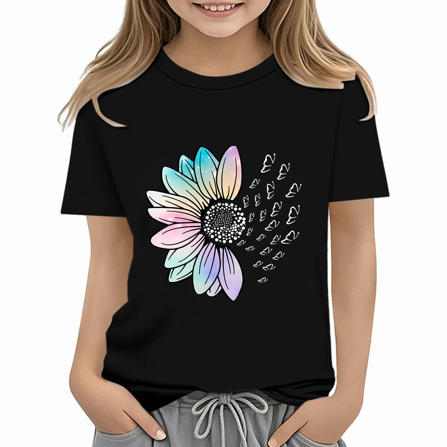 T-shirt graphique à manches courtes col rond pour filles - Motif mignon - Ample et doux - Chemisier d'été décontracté - Léger - Vêtements athlétiques