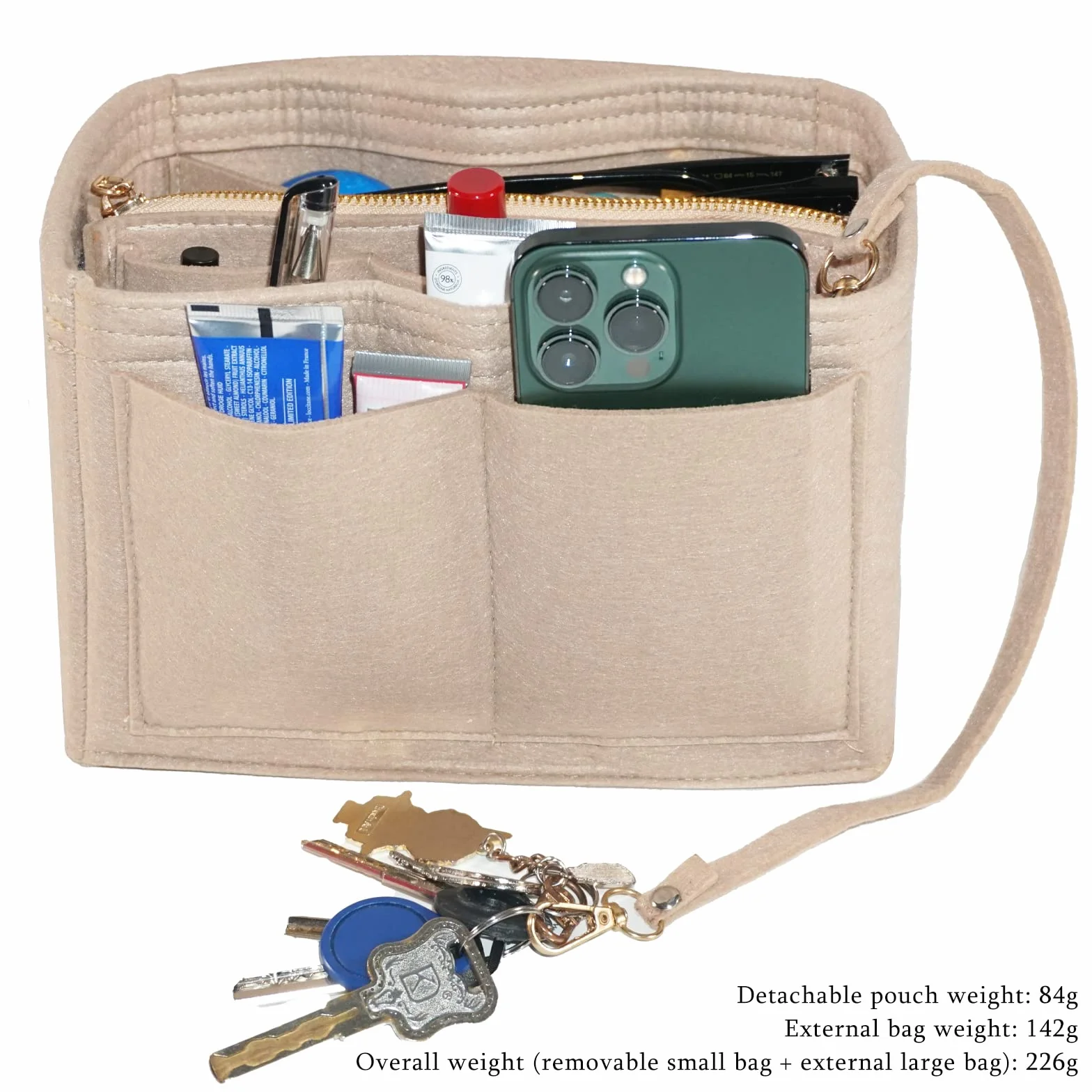 NEPAK Organisateur de Sac à Main en Feutre, Sac de Rangement Intérieur Bag in Bag pour Femmes avec Fermeture éclair (Beige, S)