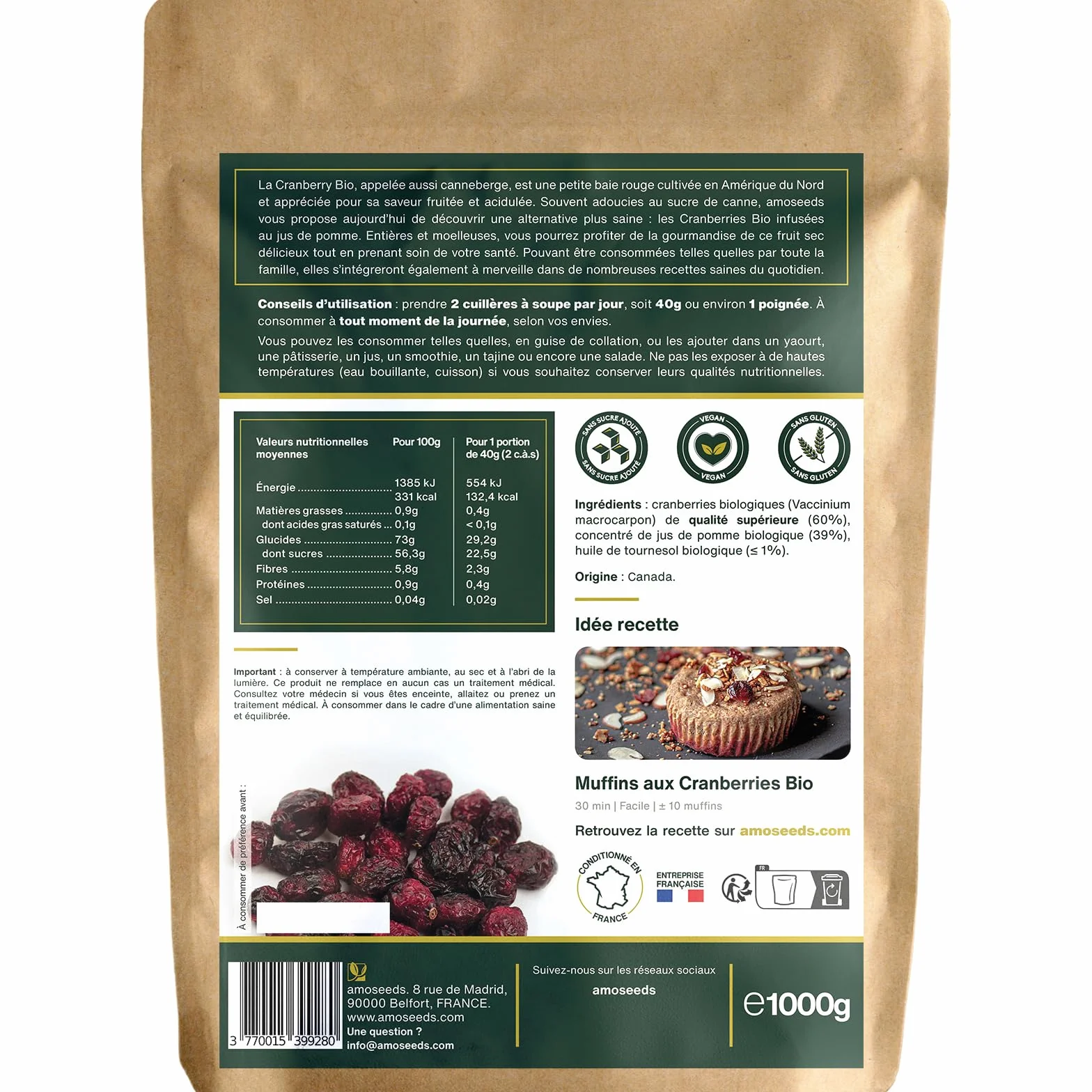 Cranberries Entières Bio 1KG | Sans sucre ajouté, naturellement sucrées au jus de pomme | Qualité Supérieure