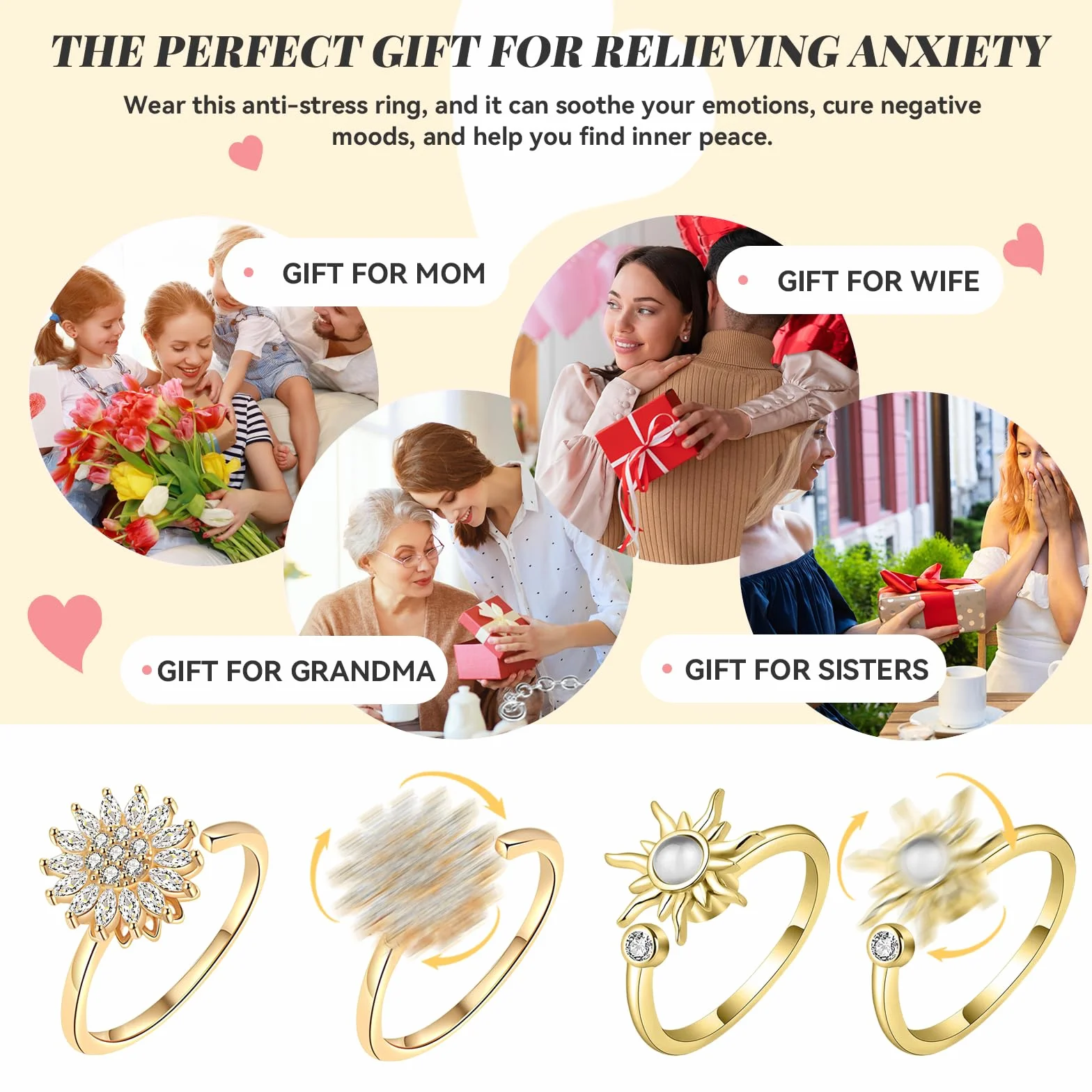 Bague Anti Stress Femme Acier Inoxydable Tournant Ouvert Spinner Anxiete Réglable