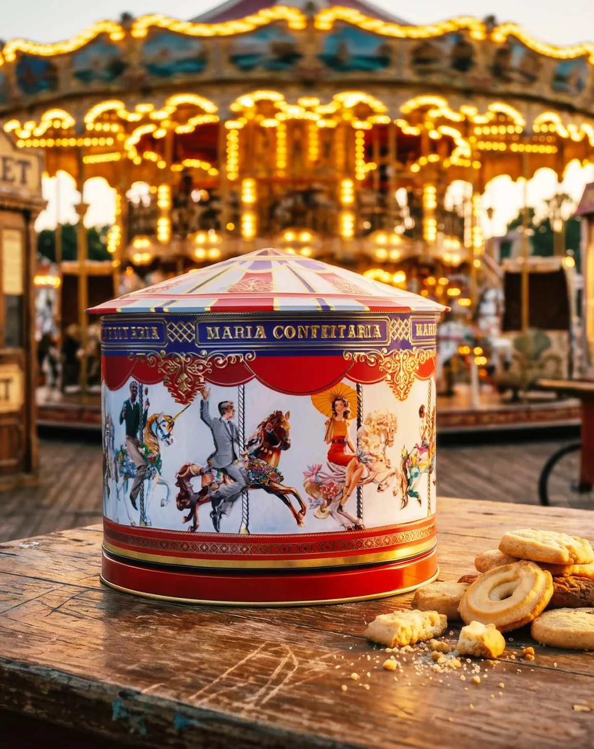 Boîte à biscuits Carrossel 300 g – Boîte musicale avec biscuits légers – Sélection de chocolats fins du Portugal – Boîte artistique à collectionner