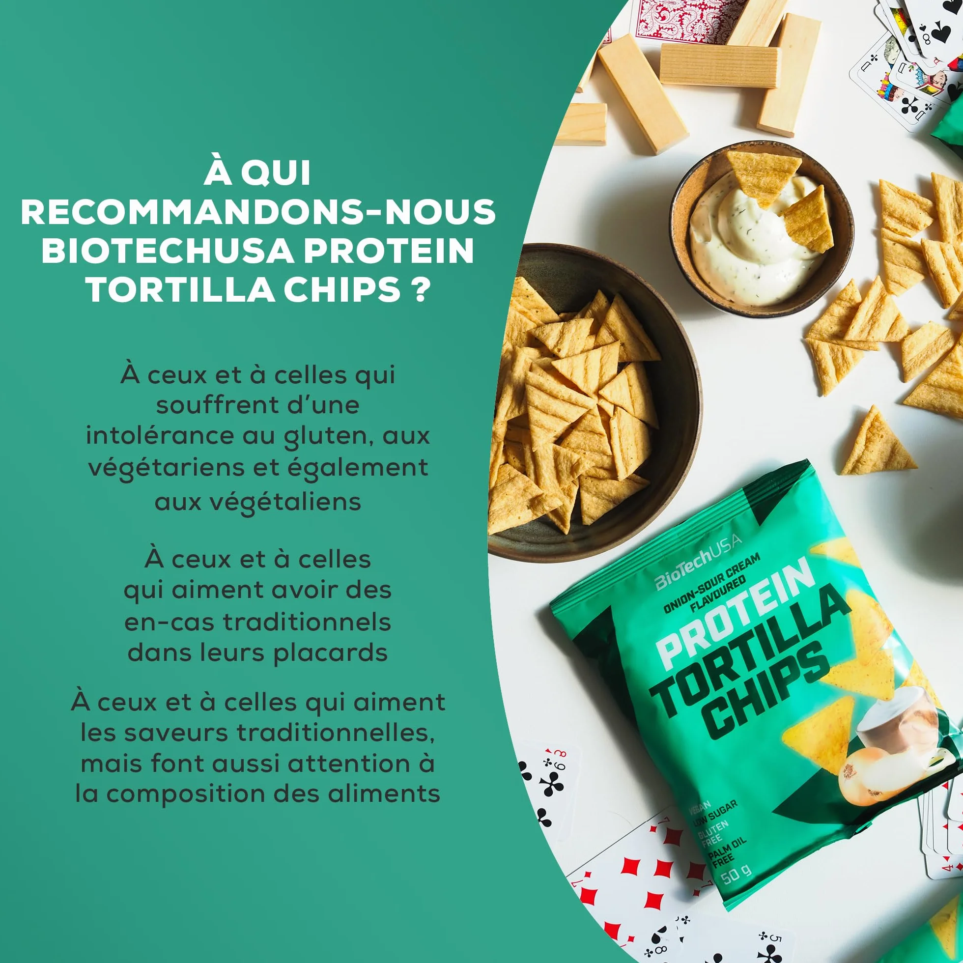 BioTechUSA Protein Tortilla Chips | Source de protéines | Protéines d'avoine et de pois | Végétalien | Sans conservateur, 3 * 50g, Crème et oignon