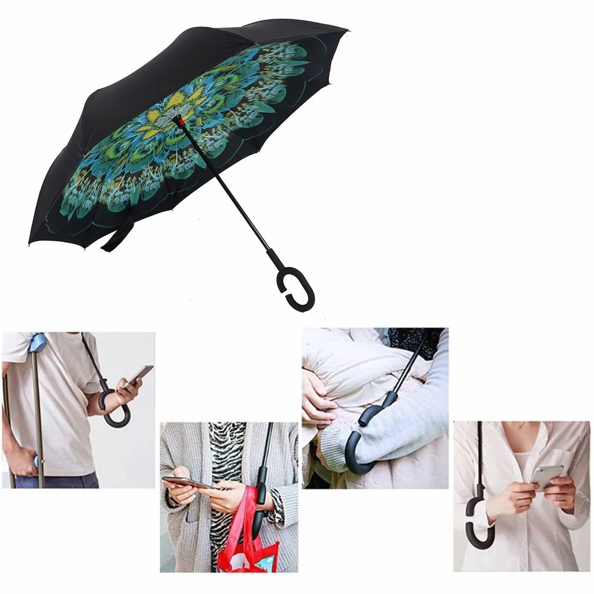 Parapluie Inversé Mains Libres Poignée Forme C Double Couche Coupe-Vent Anti-UV Voyage Voiture