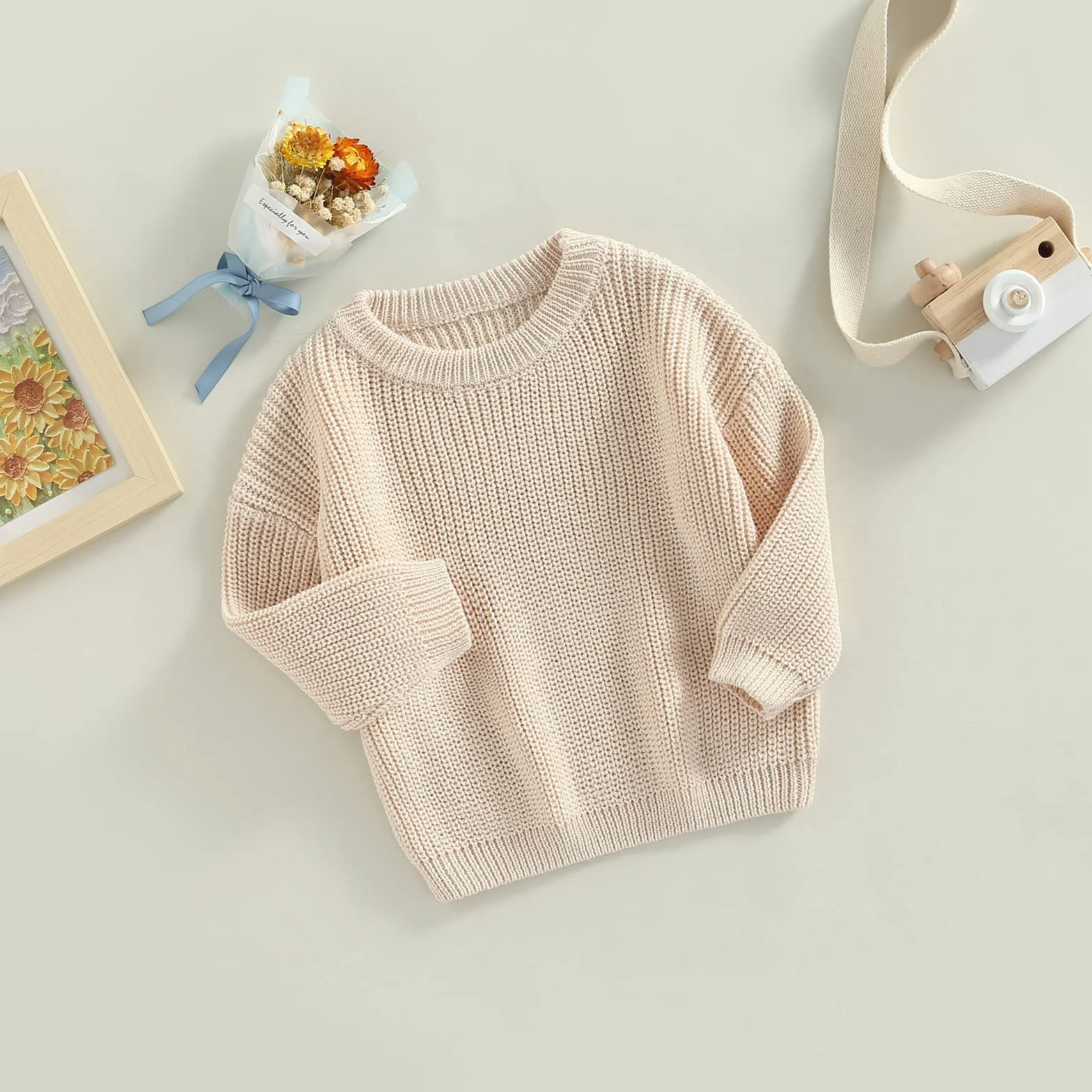 Pull en tricot pour bébé fille garçon col rond manches longues automne hiver couleur unie