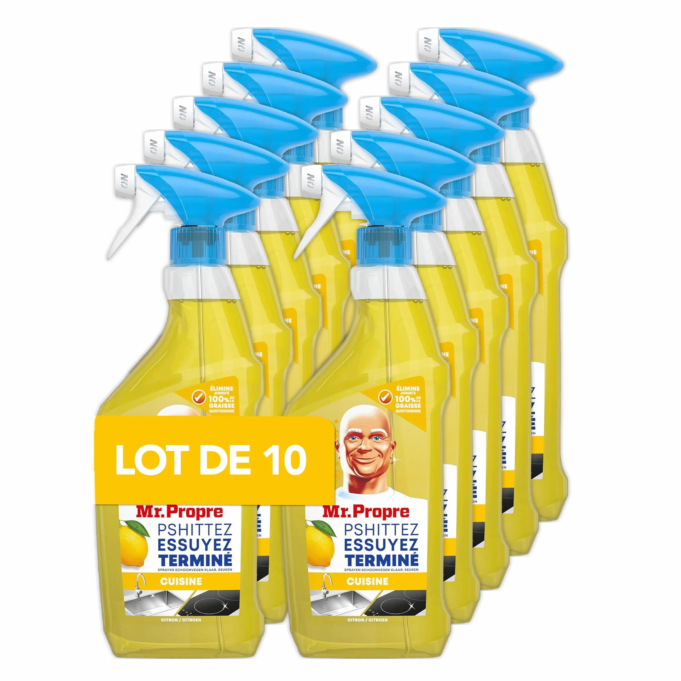 Mr. Propre Spray Dégraissant Cuisine Multi-Usages Citron 500ml x10 | Grand format (500ml). Élimine la Graisse Sans Résidus Dangereux, Sans Traces, Convient aux Surfaces Alimentaires