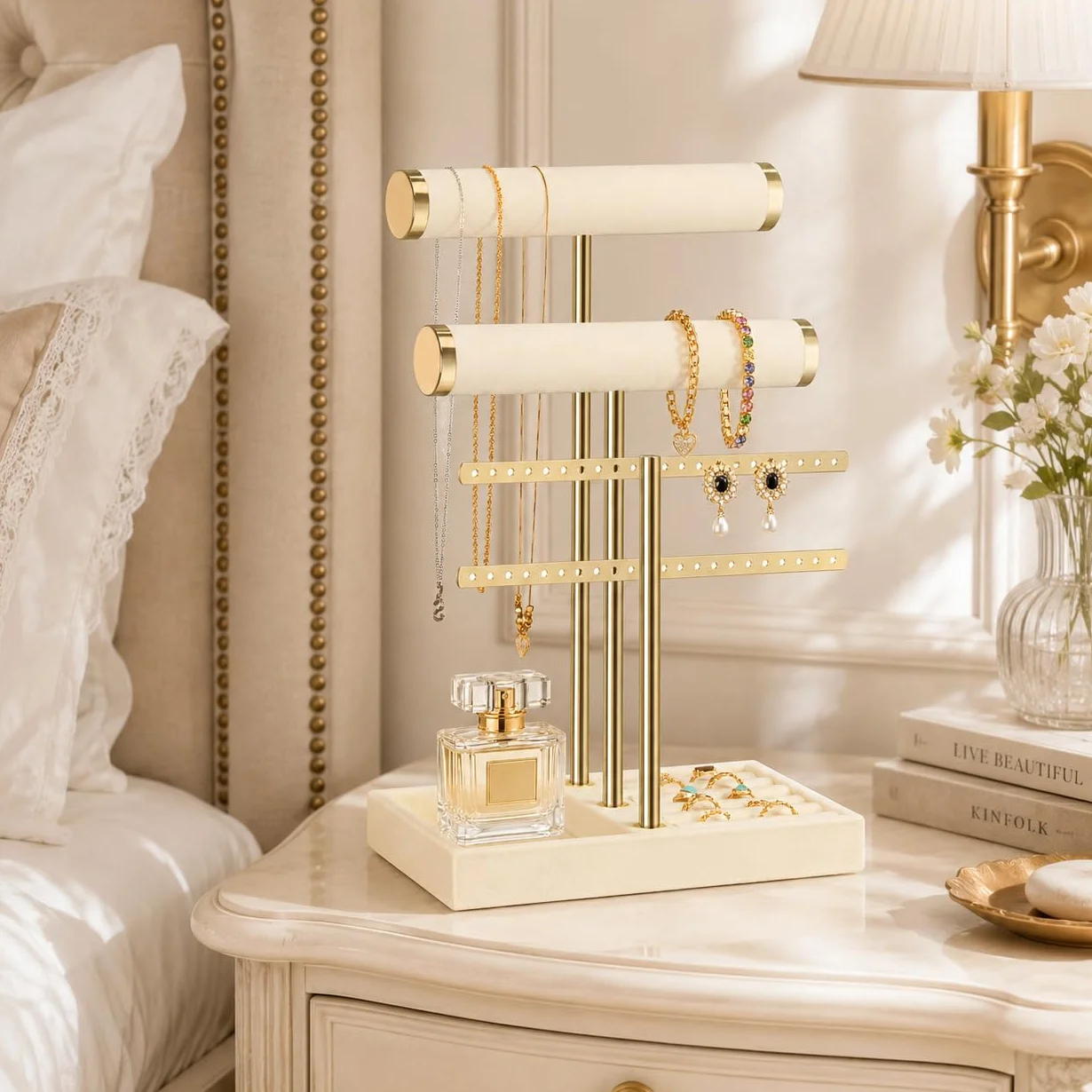 Organisateur de Bijoux à 3 Niveaux en Velours Beige - Porte Bijoux pour Bracelets, Colliers, Montres, Bagues