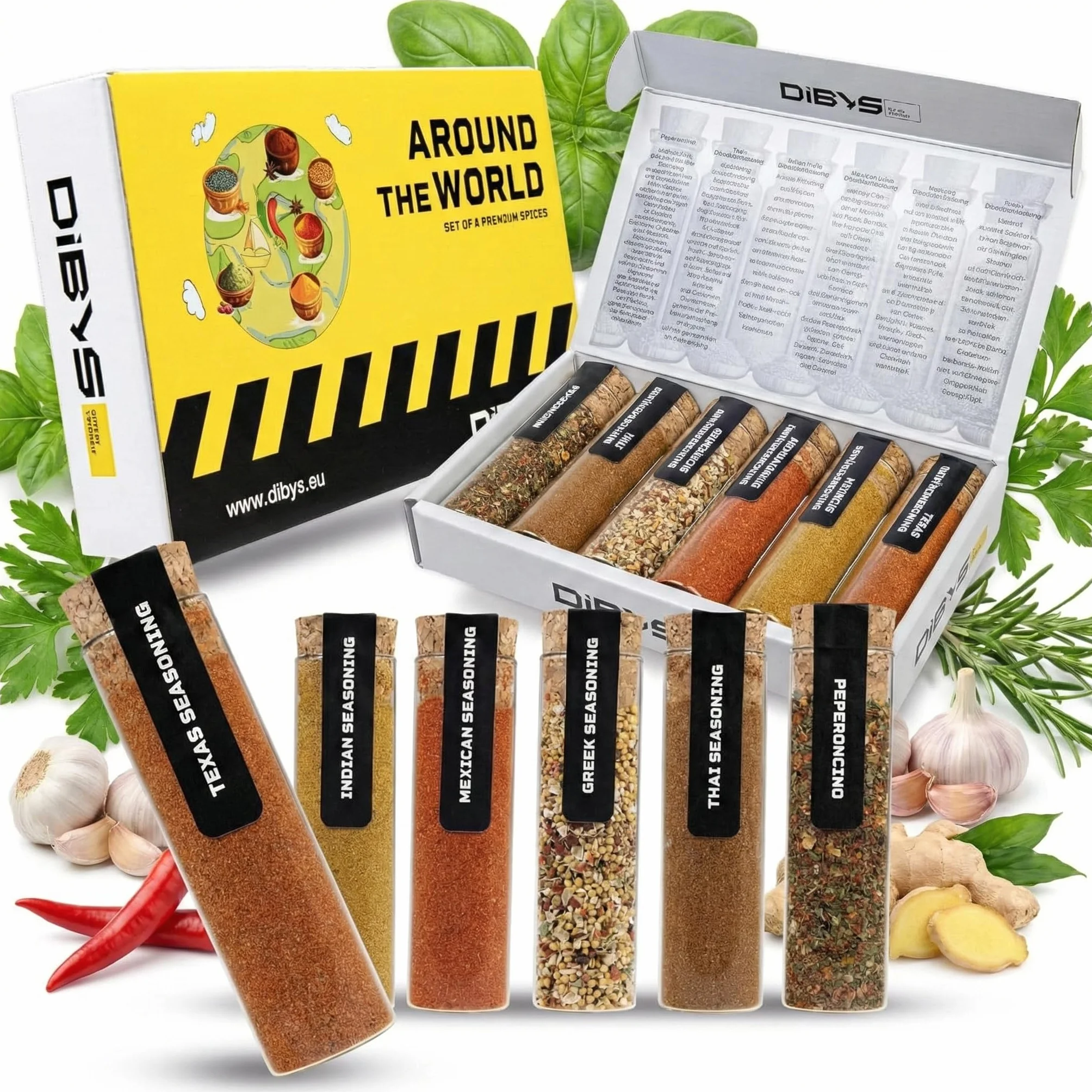 DIBYS Coffret Épices du Monde | Recettes Incluses | Coffret Cadeau Épices | Cadeaux pour les Amateurs et les Passionnés de Cuisine | Mélanges d'épices d'Inde, du Mexique, de Grèce & plus encore
