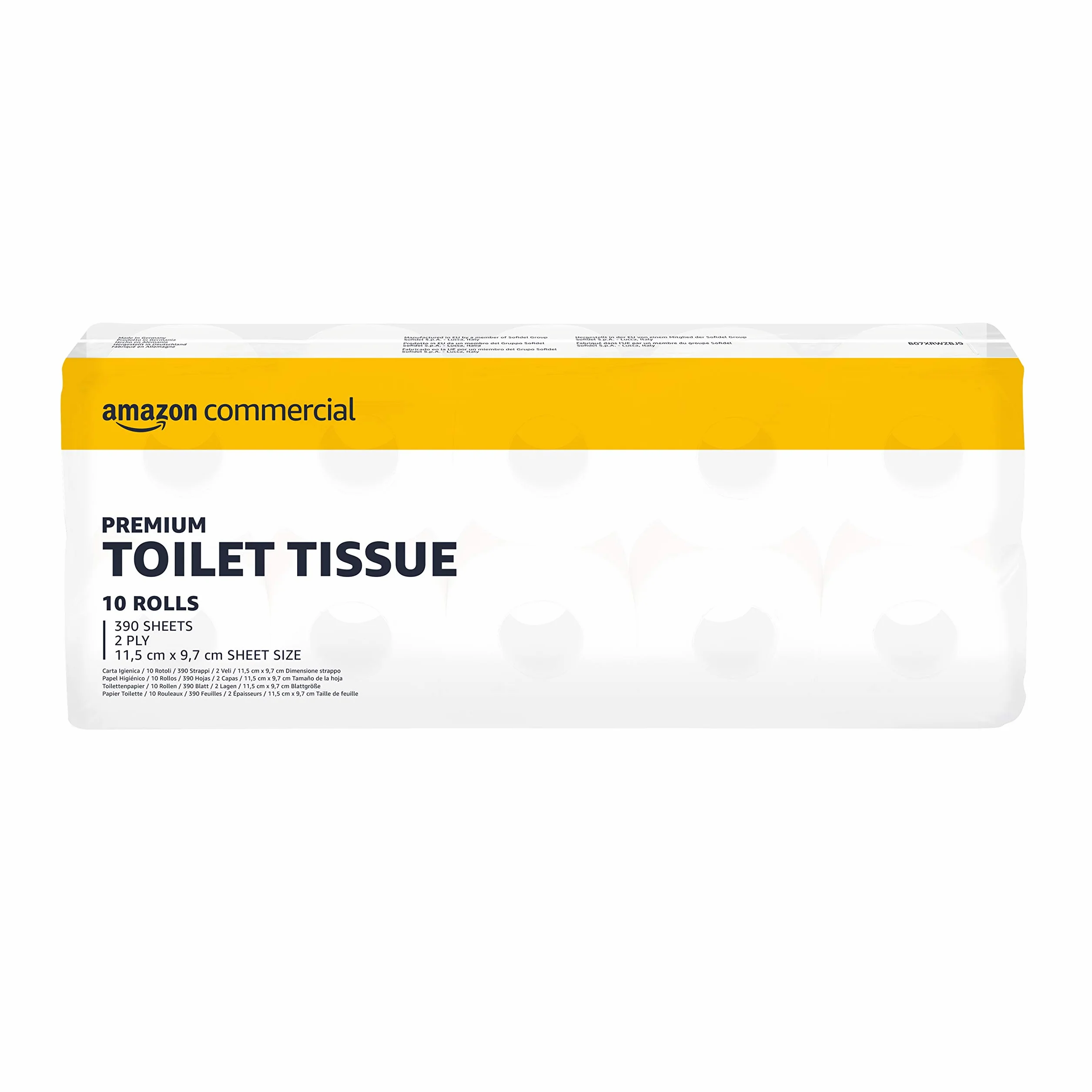 AmazonCommercial Papier Toilette, 2 Plis Recyclé, Désencré, 40 Rouleaux (4 Paquets de 10), 390 Feuilles par Rouleau, Dimensions des Feuilles : 11,5cm x 9,7cm, Compatible avec les Distributeurs T4/T6
