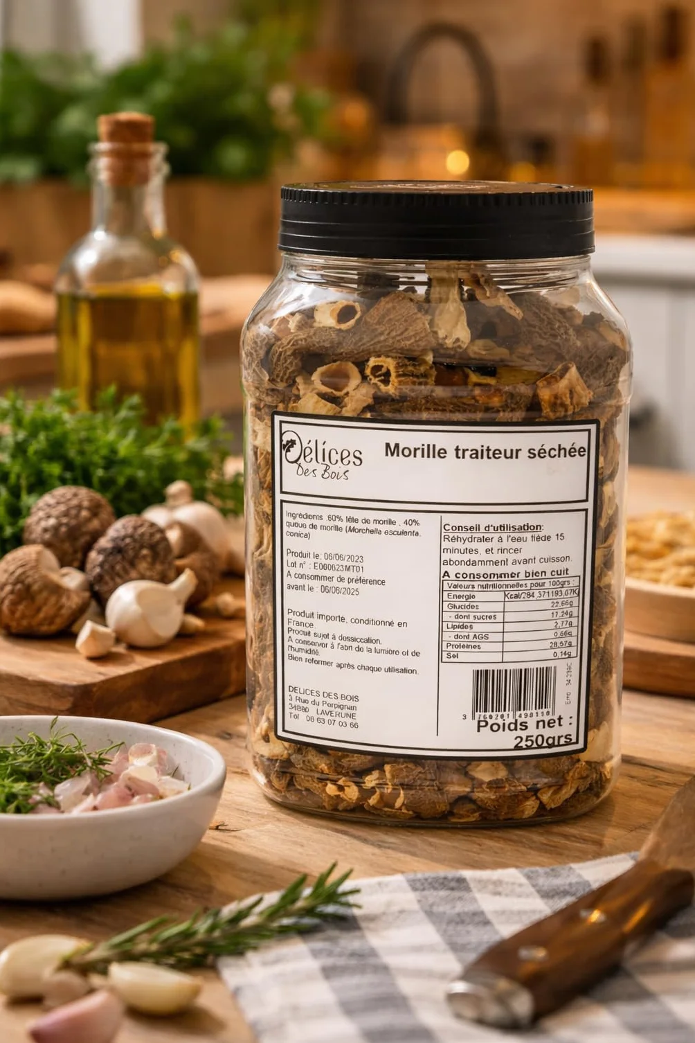 Morilles Séchées Traiteur 250g - Mélange Gourmet 60% Têtes et 40% Pieds - Champignons Déshydratés Qualité Supérieure - Idéal pour Sauces, Risottos et Viandes - Pot Refermable 250g