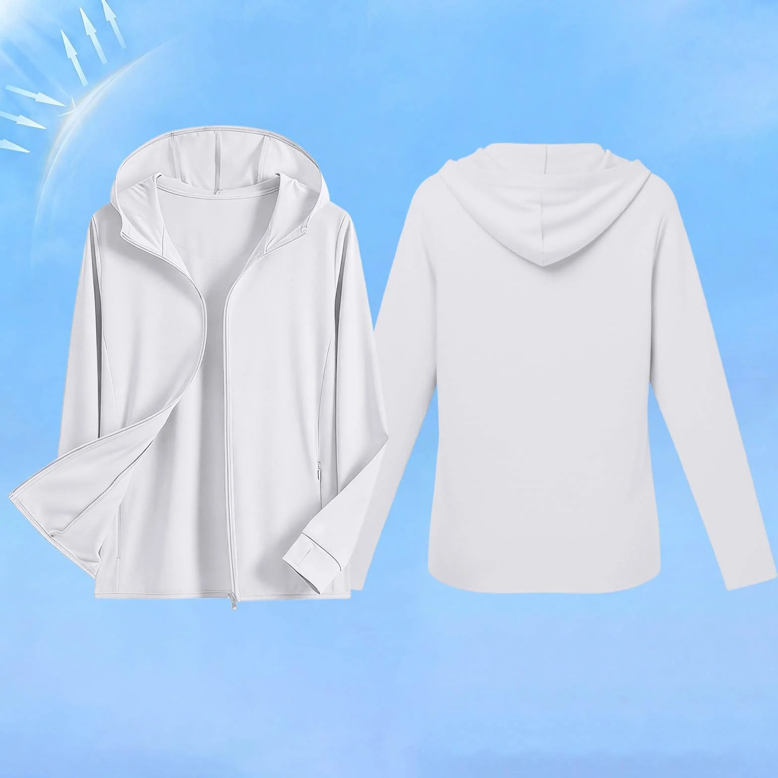 Sun Hoodie Femme UPF50+ Anti UV Protection Solaire avec Capuche Poches Zippé Manche Longue Légère