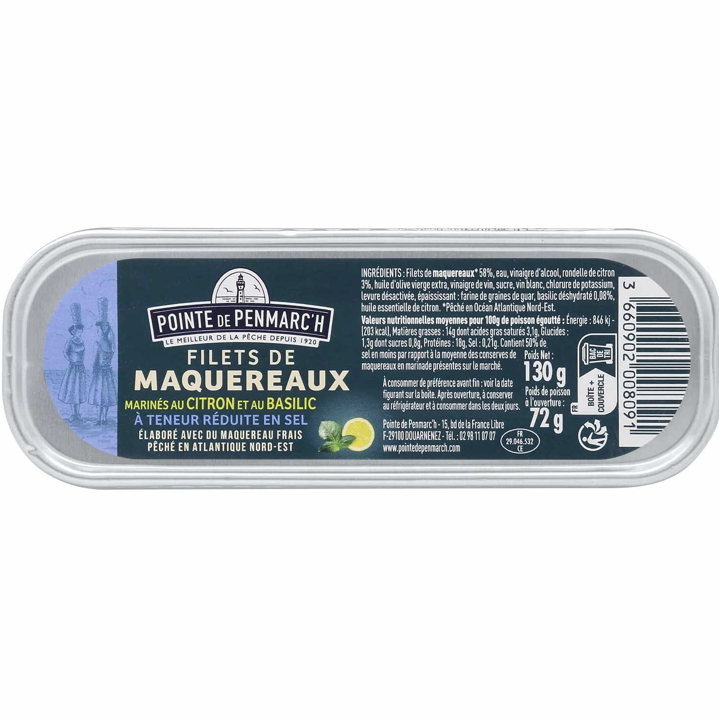 Filets de maquereaux marinés au citron et au basilic à teneur réduite en sel Pointe de Penmarc'h le lot de 6 boîtes de 130 g - Livraison en 2 à 3 jours ouvrés depuis la Bretagne