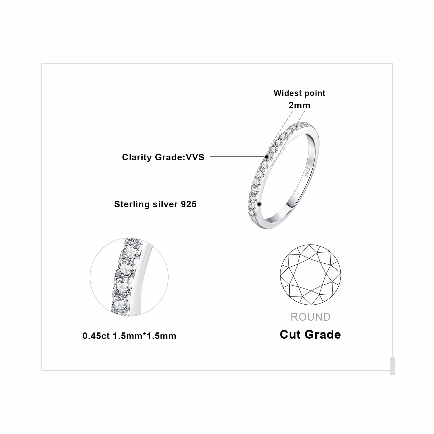 JewelryPalace Bague Demi Eternel Empilable 0.6ct Argent 925 Plaqué Or Jaune Or Rose Zircone Cubique Rond