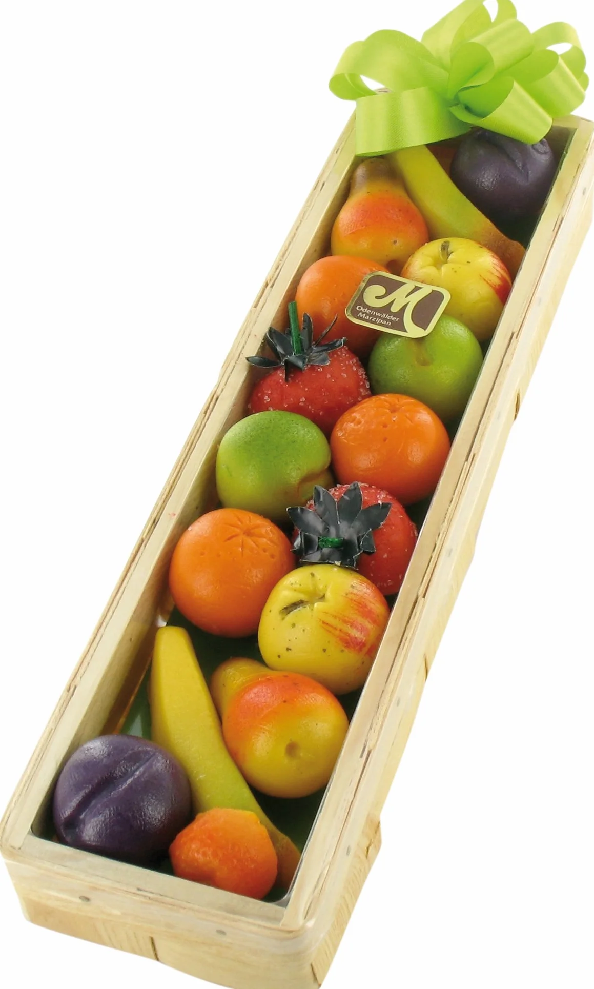 Panier de fruits en pâte d'amande Odenwald dans une boîte en bois 225 g Contient 15 g de fruits Bananes, fraises, poires, oranges, mirabelles, pommes, prunes