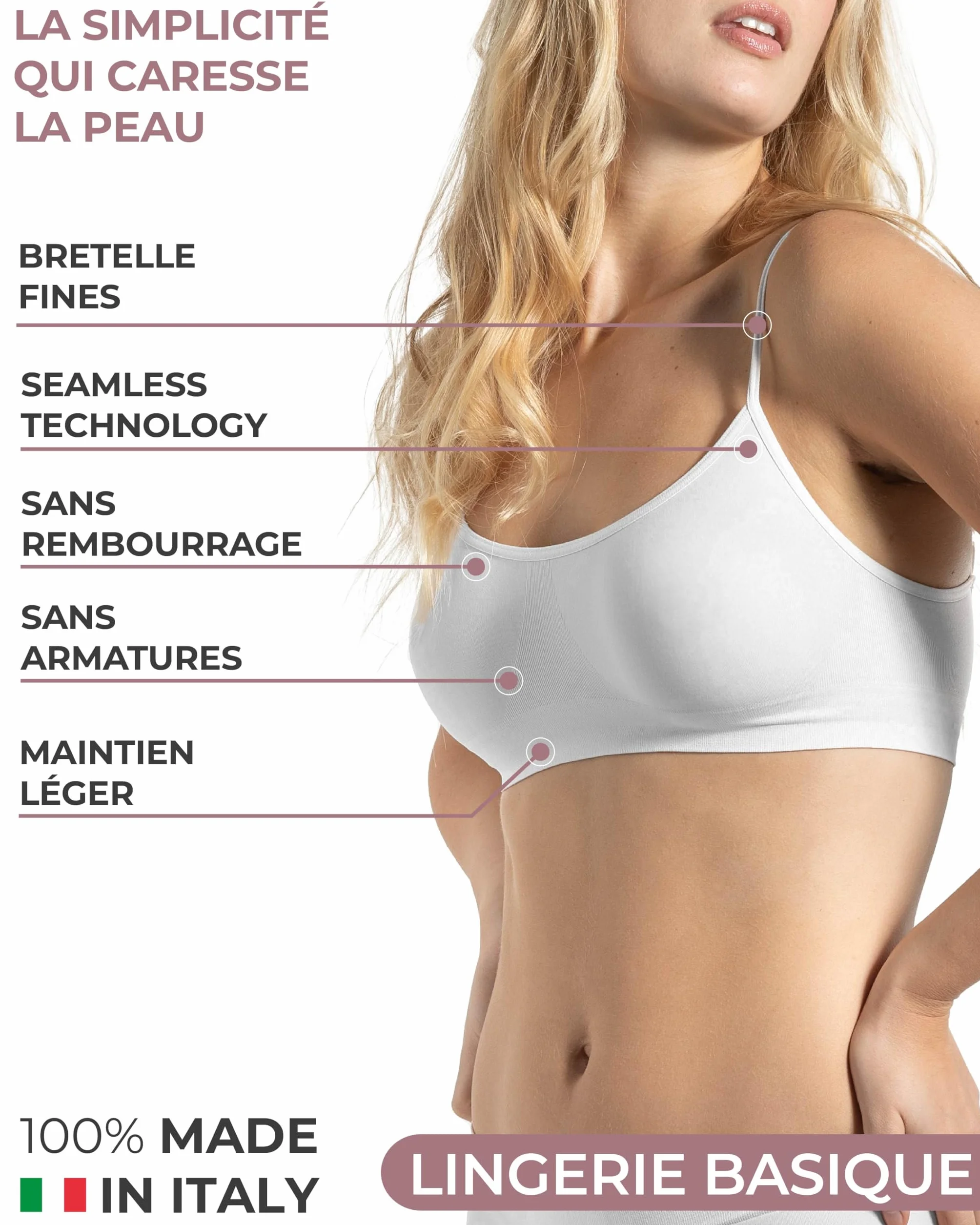 Risalti Soutien Gorge sans Armature Épaules Étroites 3 Pcs Brassiere Femme Microfibre Seamless Bra Lingerie Made in Italy