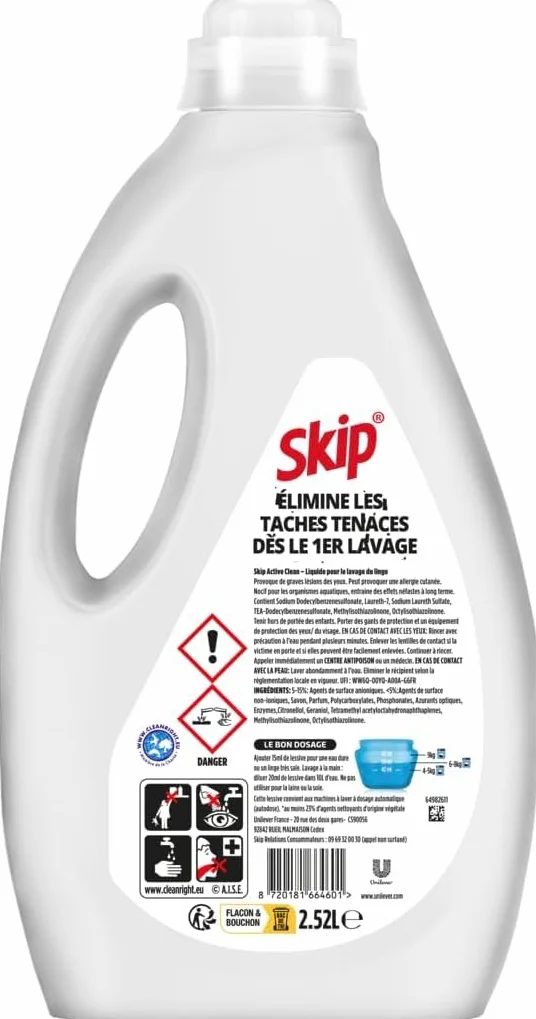 Skip - Lessive Liquide Active Clean - Propreté Impeccable - Fraîcheur Longue Durée - Détache les vêtements tout en respectant fibres et couleurs - 2x60 Lavages