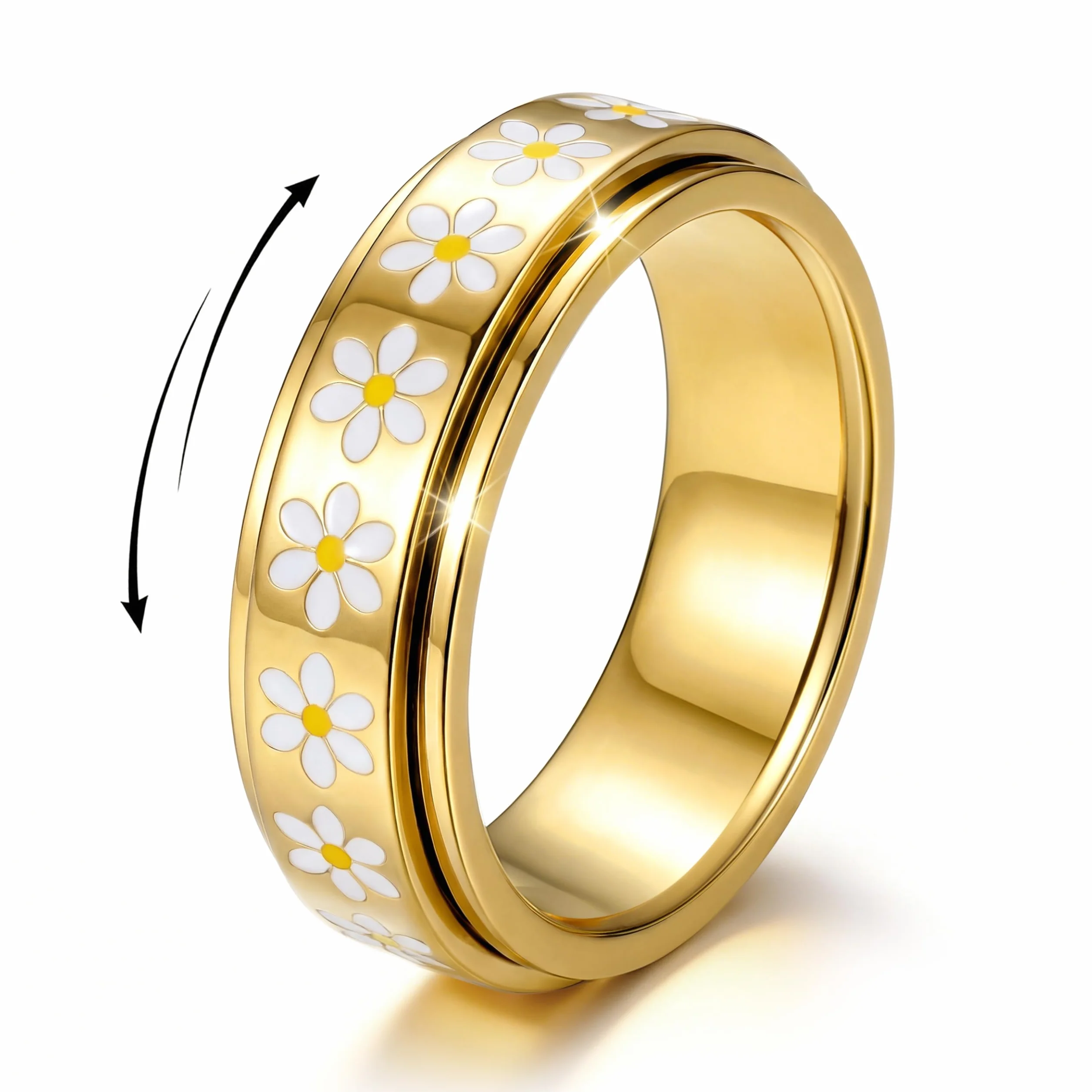 Bague Anti Stress Tournante Marguerite Acier Inoxydable Doré Argenté, Bague Fidget Spinner Fleur