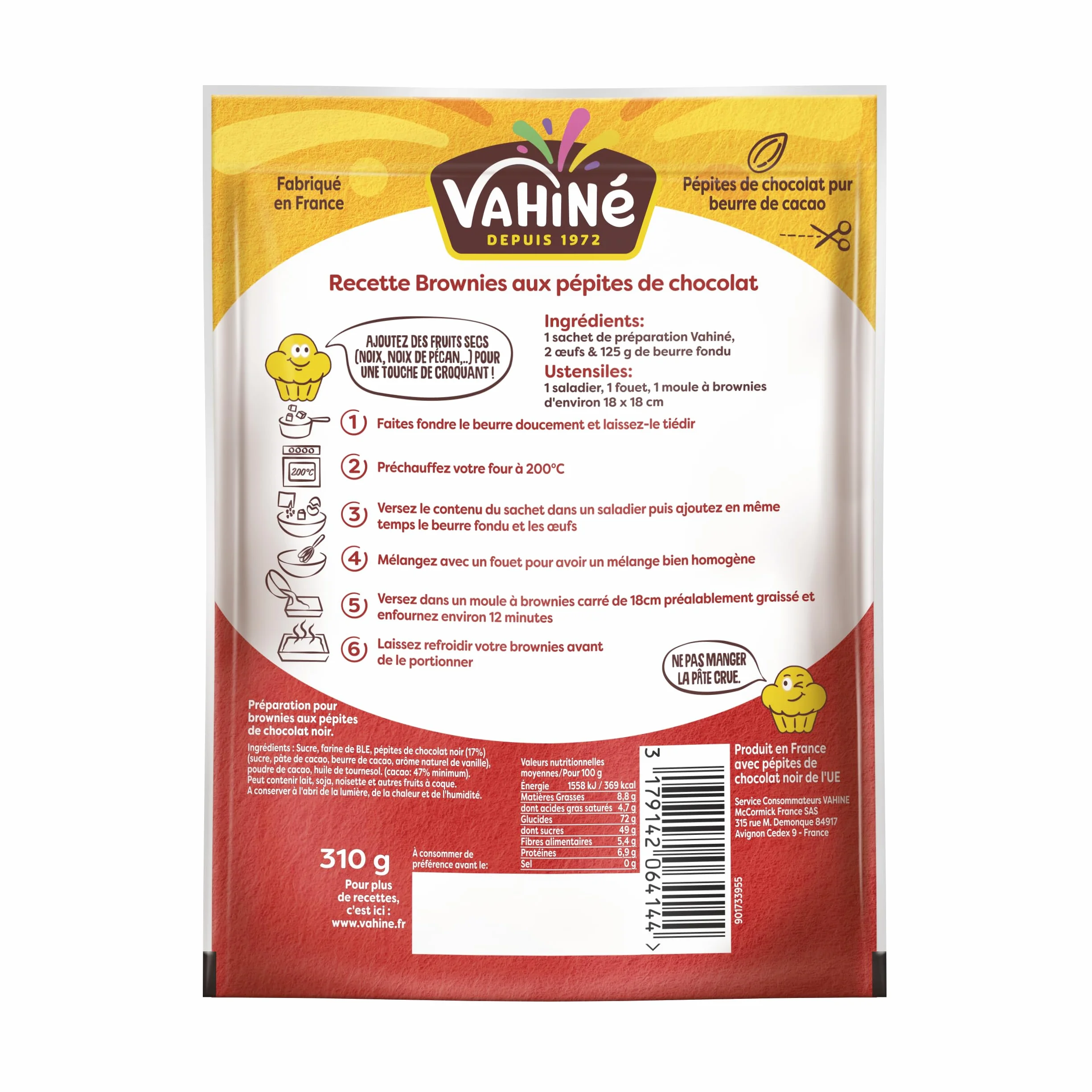 VAHINÉ - Préparation pour Brownies pépites de chocolat, Préparation pour brownies aux pépites de chocolat noir ultra-fondant, 310 g
