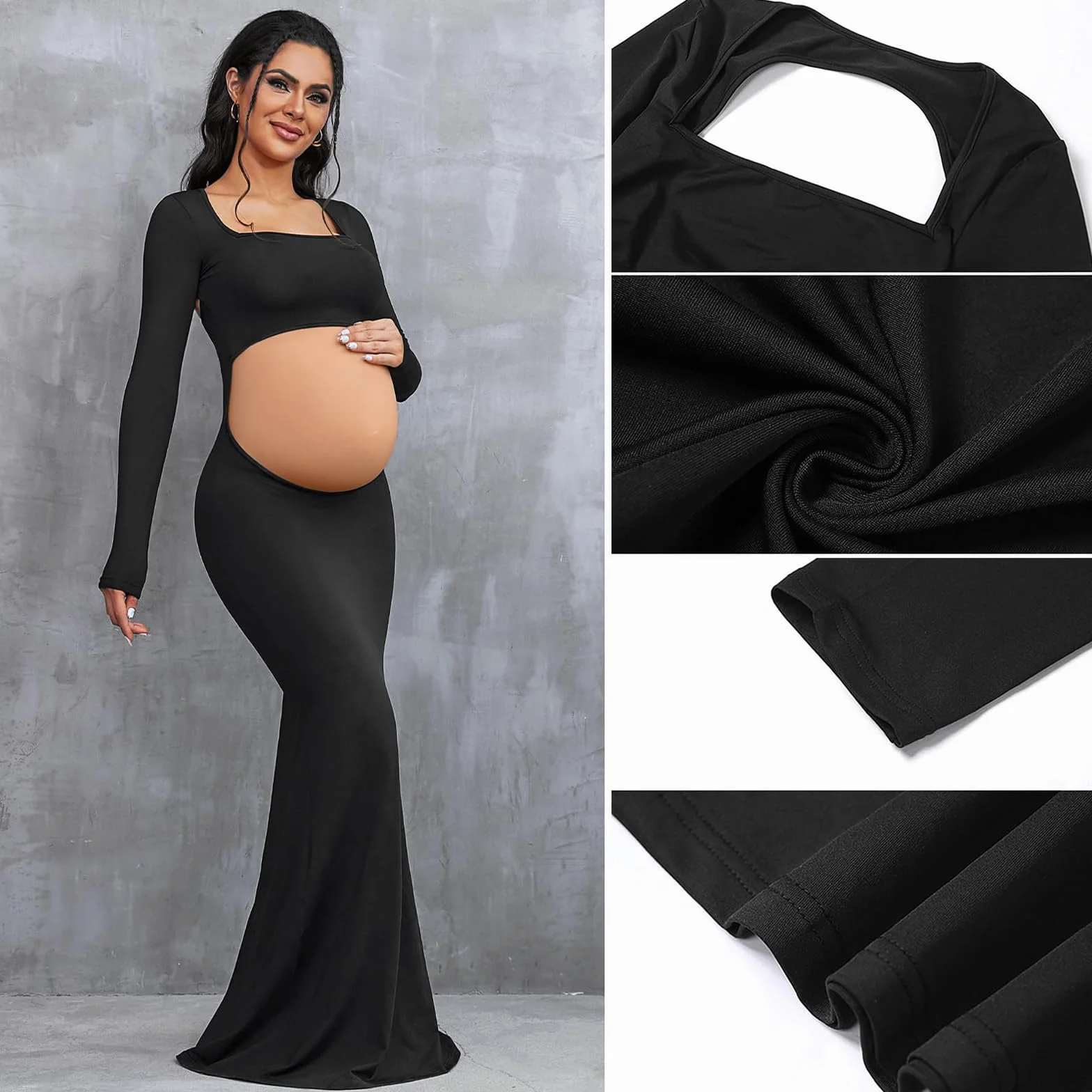 Robe de Maternité Manches Longues Robe Grossesse Photo Dos Nu Col Carré Découpe Sexy Robe Maxi Enceintes