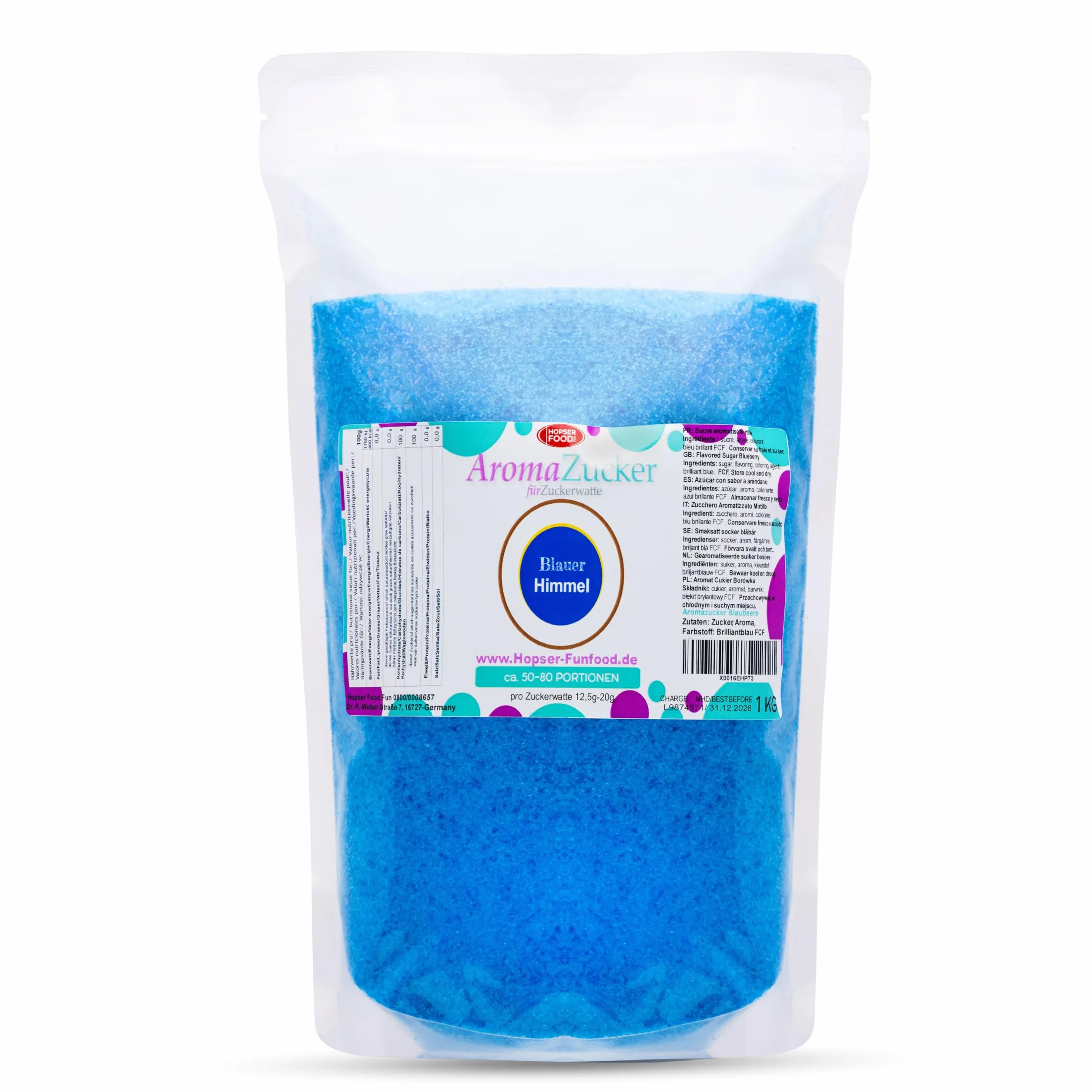 Hopser Food Fun barbe à papa Colorful | Strawberry, Cherry, Cola, Vanilla, Blue Cotton Candy (Bubble Gum),1 KG Sucre coloré