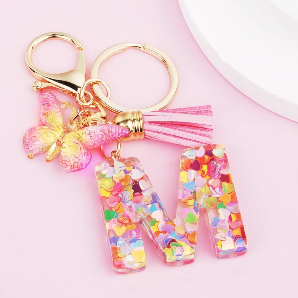 Porte-clés avec Initiales en Résine pour Filles et Femmes, Pendentif Papillon et Pampille